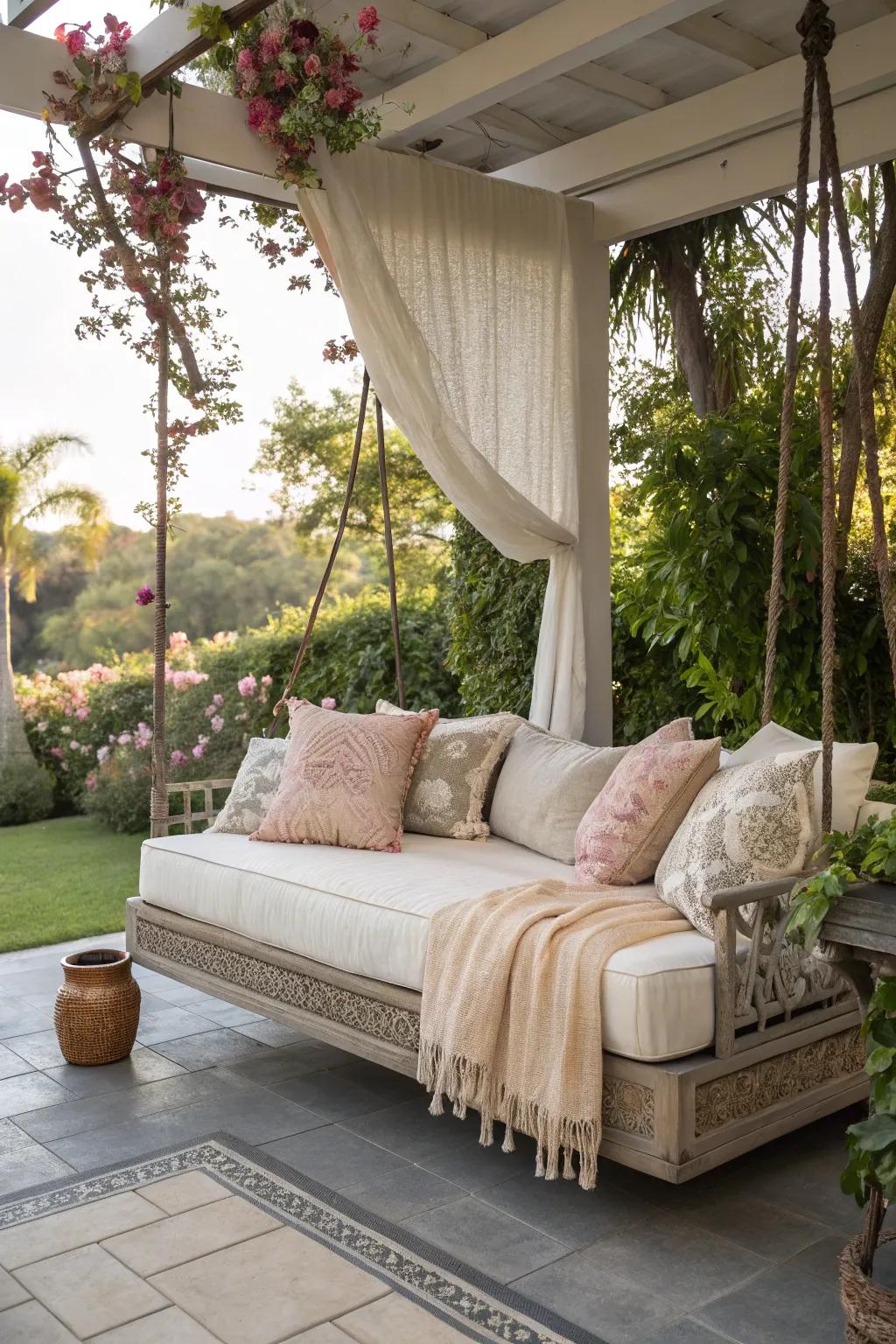 Dangling daybeds include a dreamy element to patio relaxation.