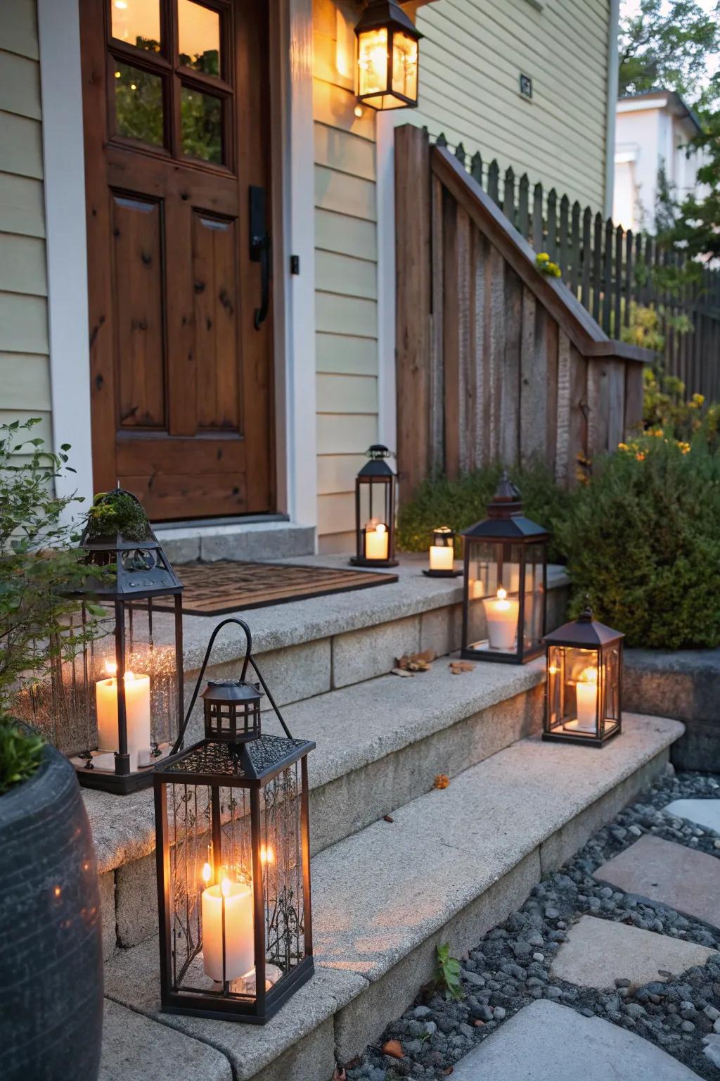 Lanterns softly illuminate the pathway with a friendly, welcoming glow.