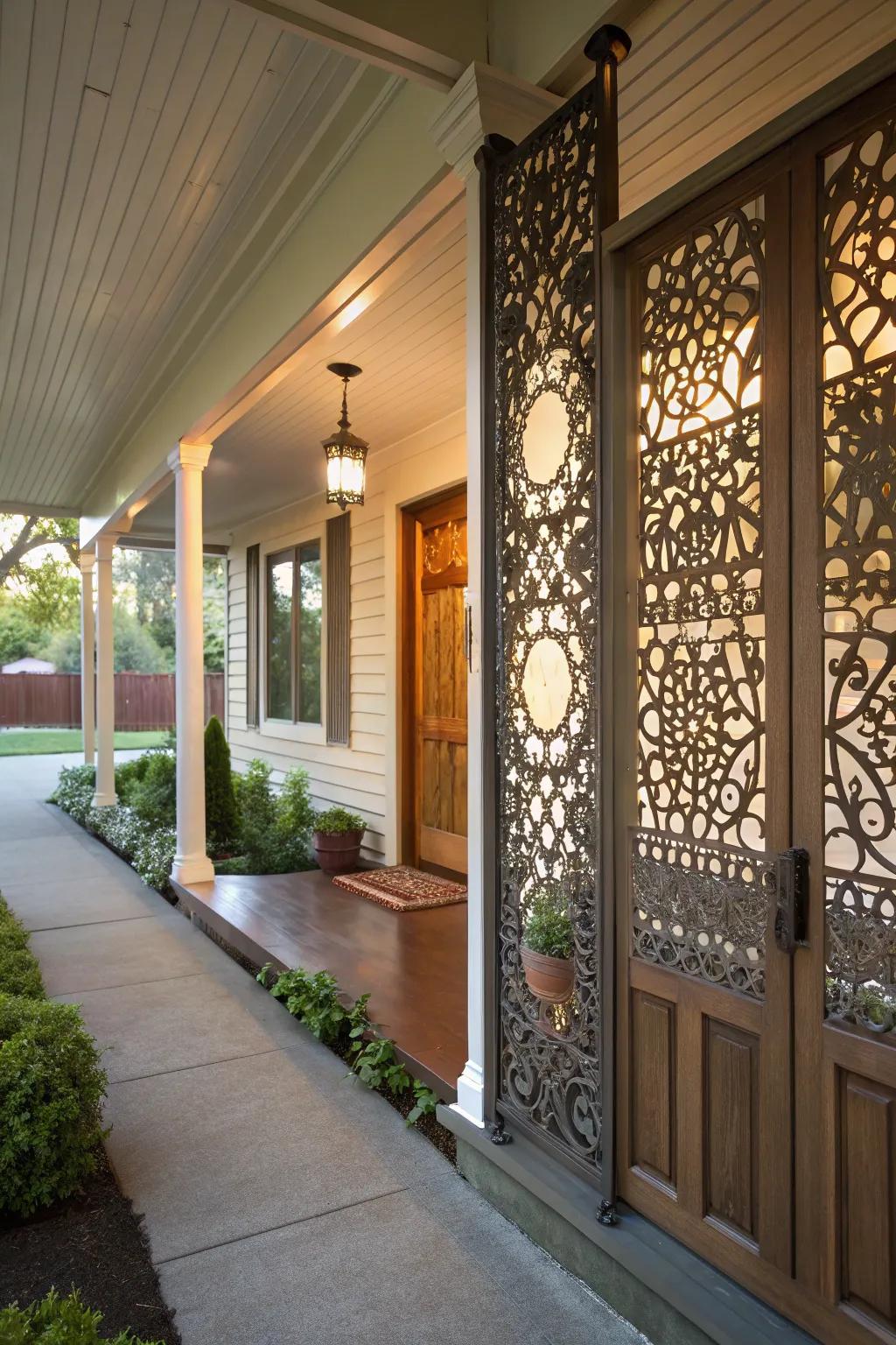 Inventive metal panels adding flair and privacy to a porch.