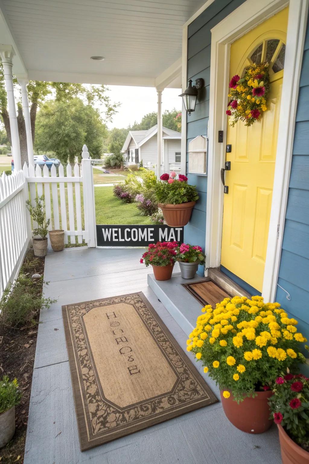 A cheerful welcome mat sets a friendly tone.