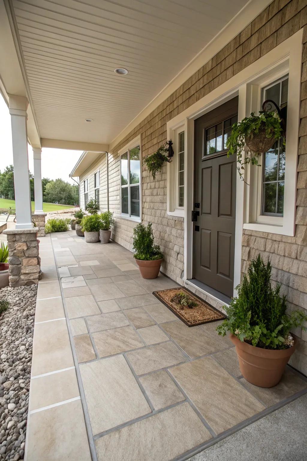 Muted tones offer a tranquil and unified porch design.
