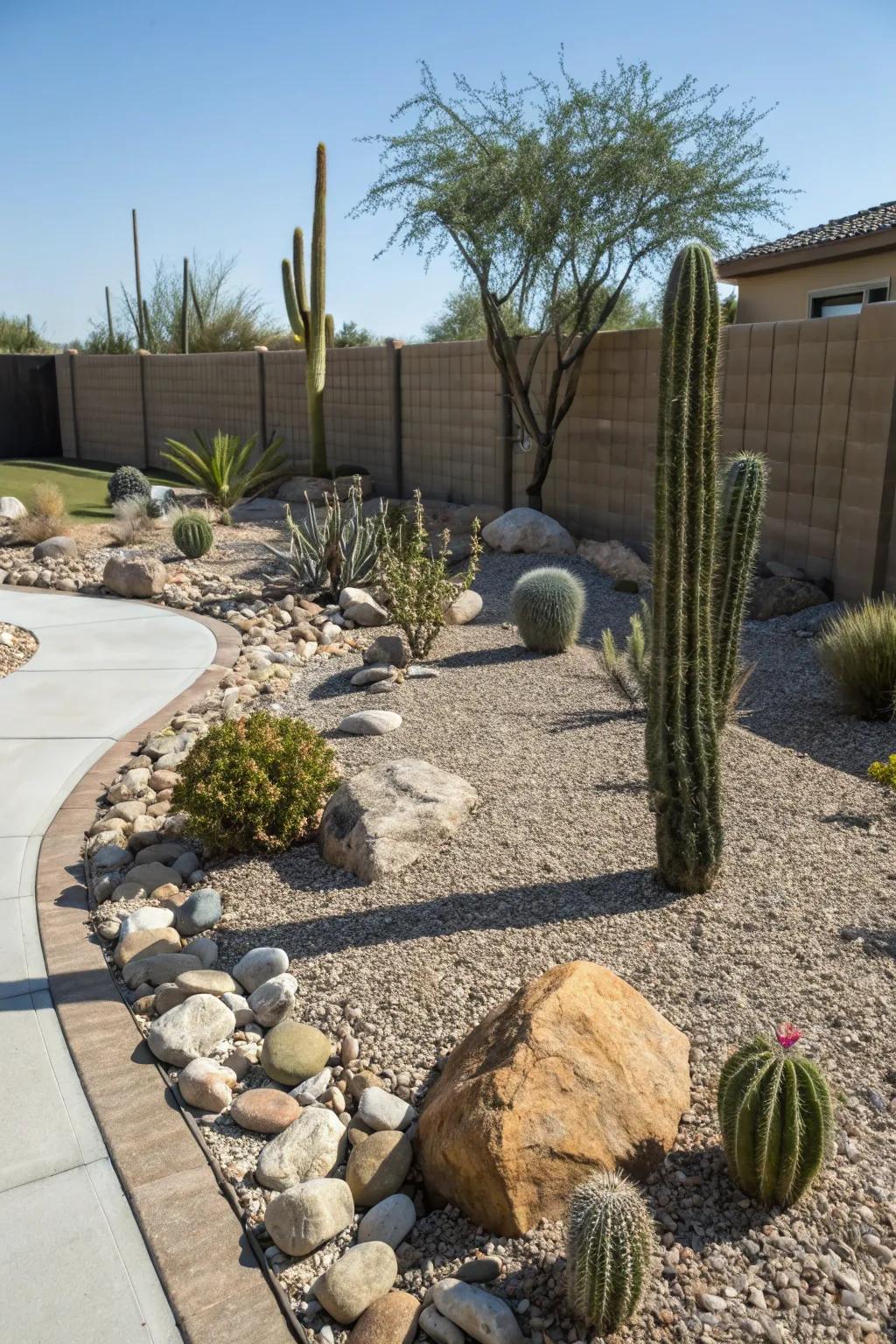 A rustic stone ground elevates this cactus display.