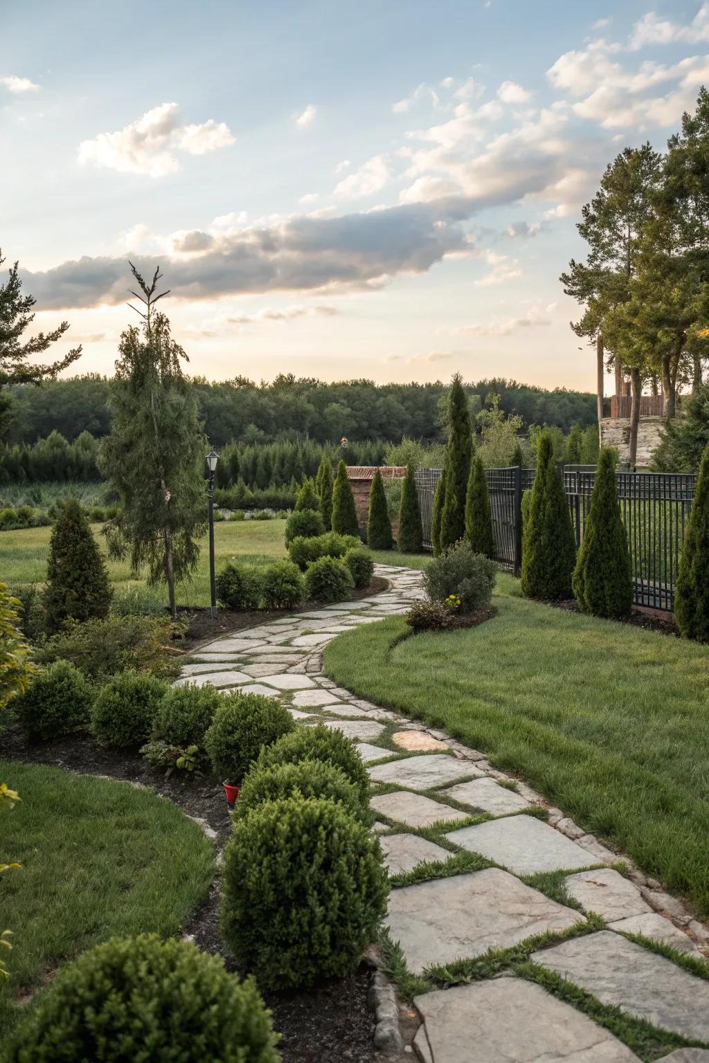 Stone walkways guide through lush evergreen landscaping.
