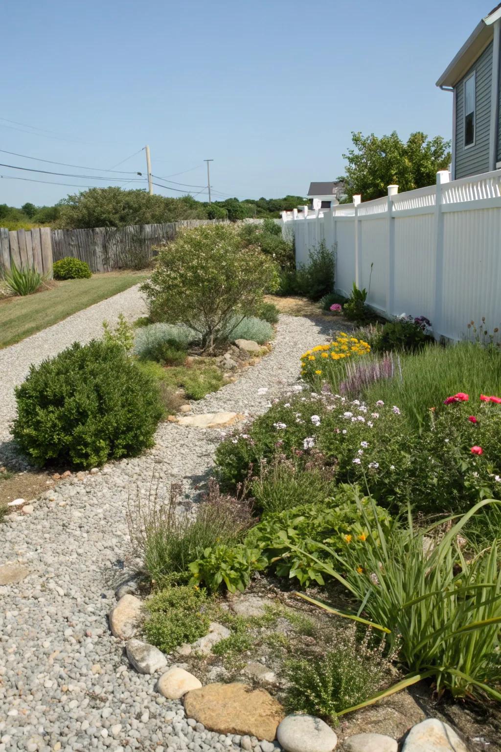 Thoughtfully situated vegetation amidst gravel crafts a harmonious balance.