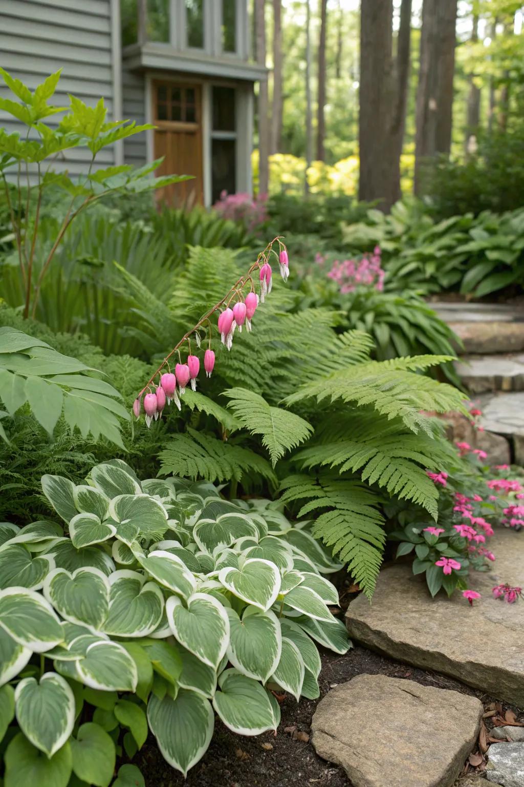Supporting greenery greatly improves the aesthetic value of hosta gardens.