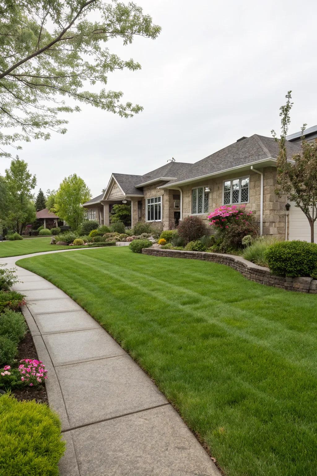 A rich green lawn acts as a tranquil backdrop for yard features.