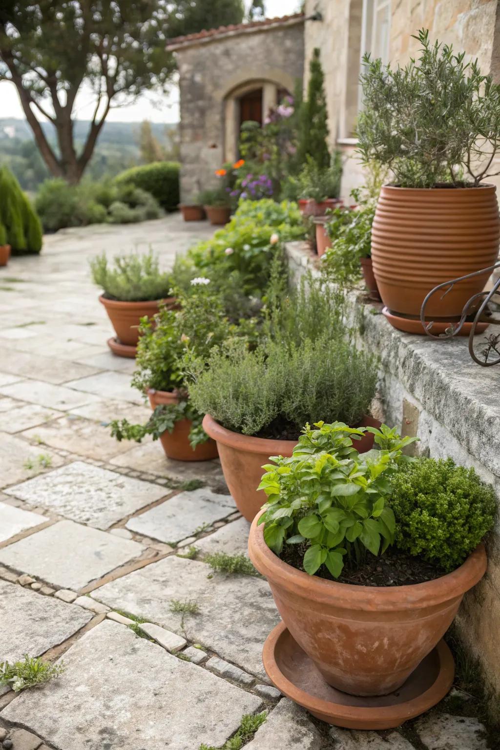 Earthenware pots with green plants give warmth and character to the front yard.