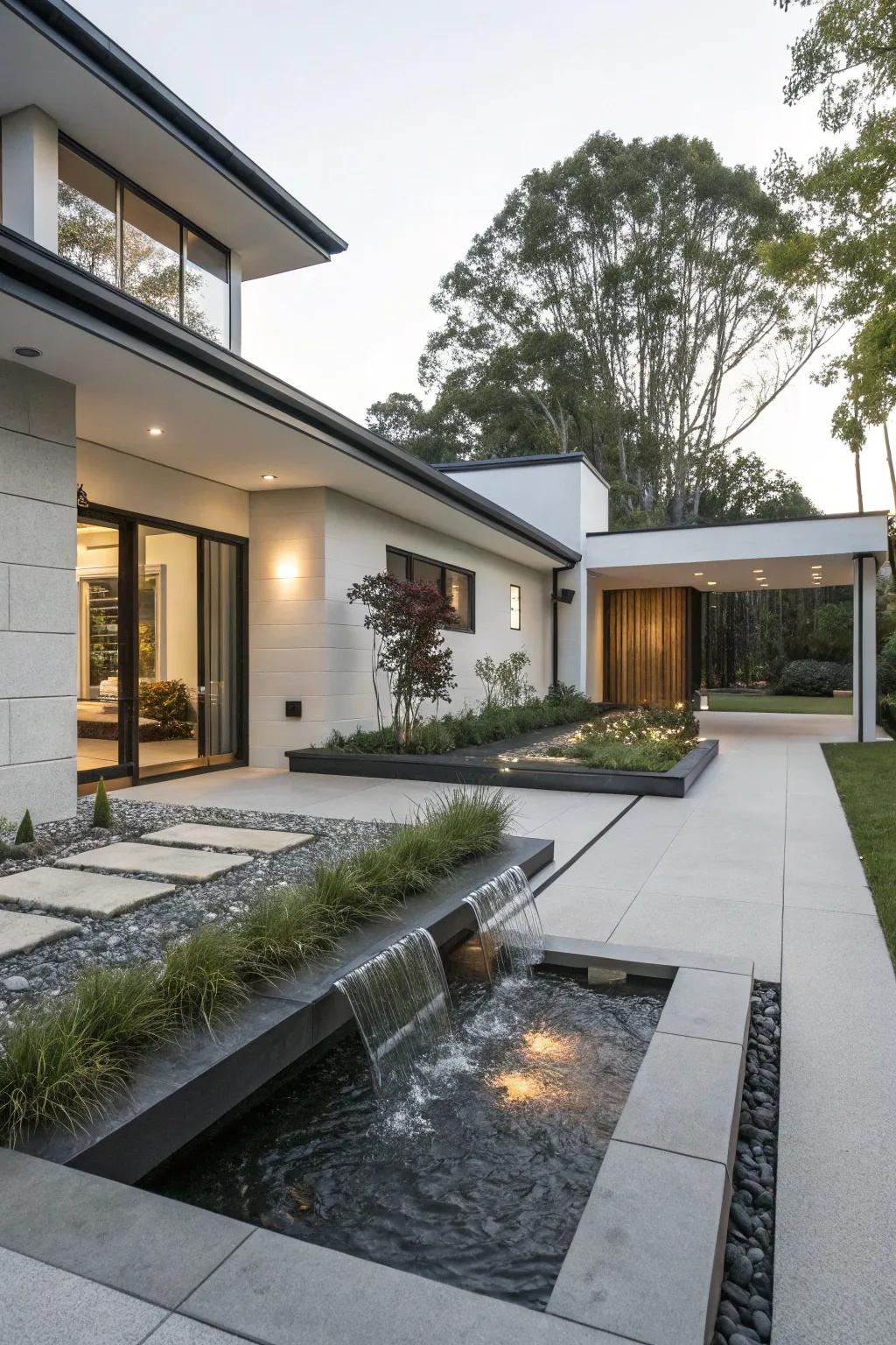 An elegant water element appends a serene feel to contemporary front yard sceneries.