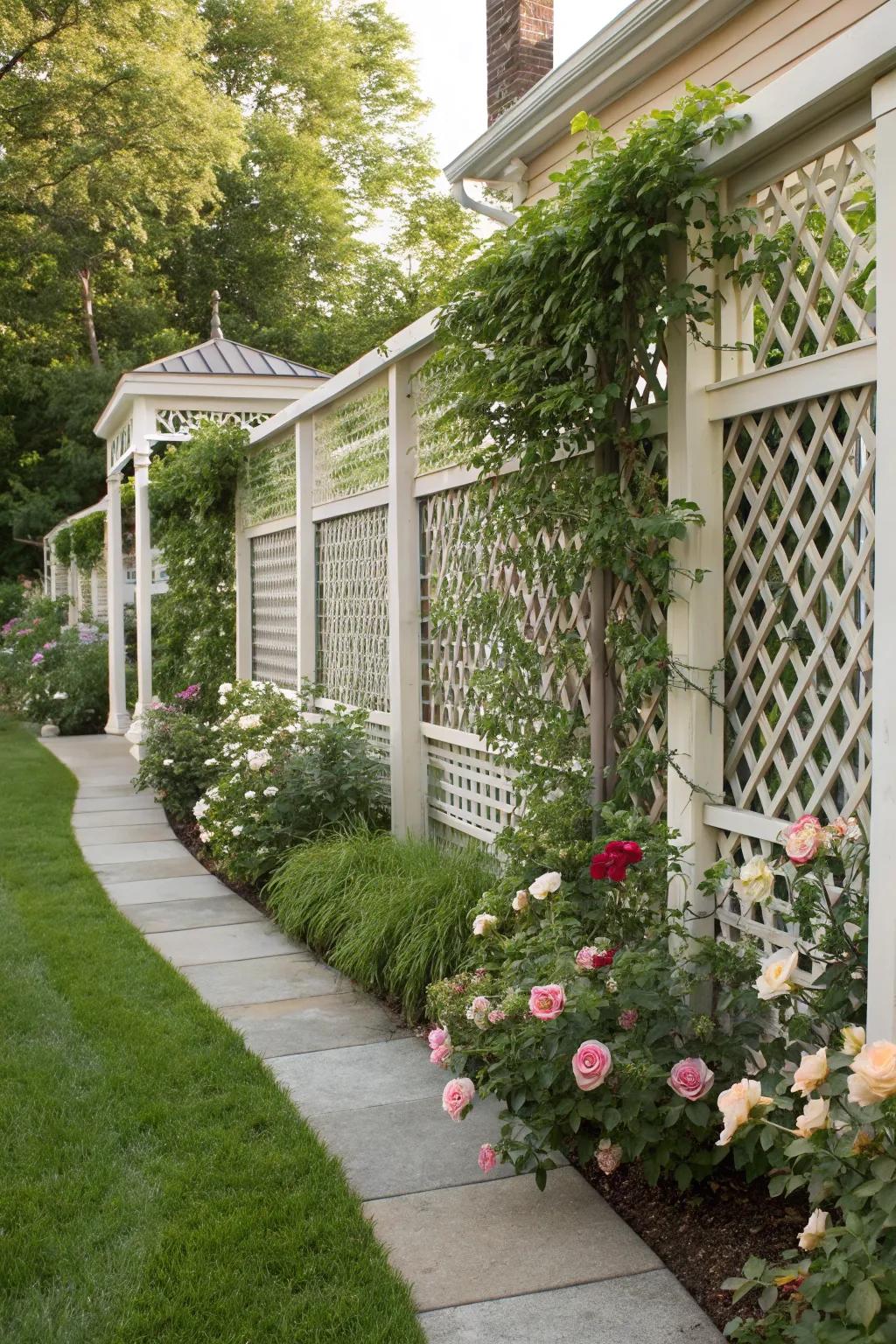 Crisscross boards provide a decorative solution for a private front garden.