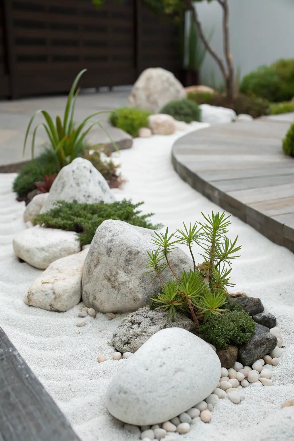 A minimalist approach using alabaster rocks provides a peaceful garden escape.