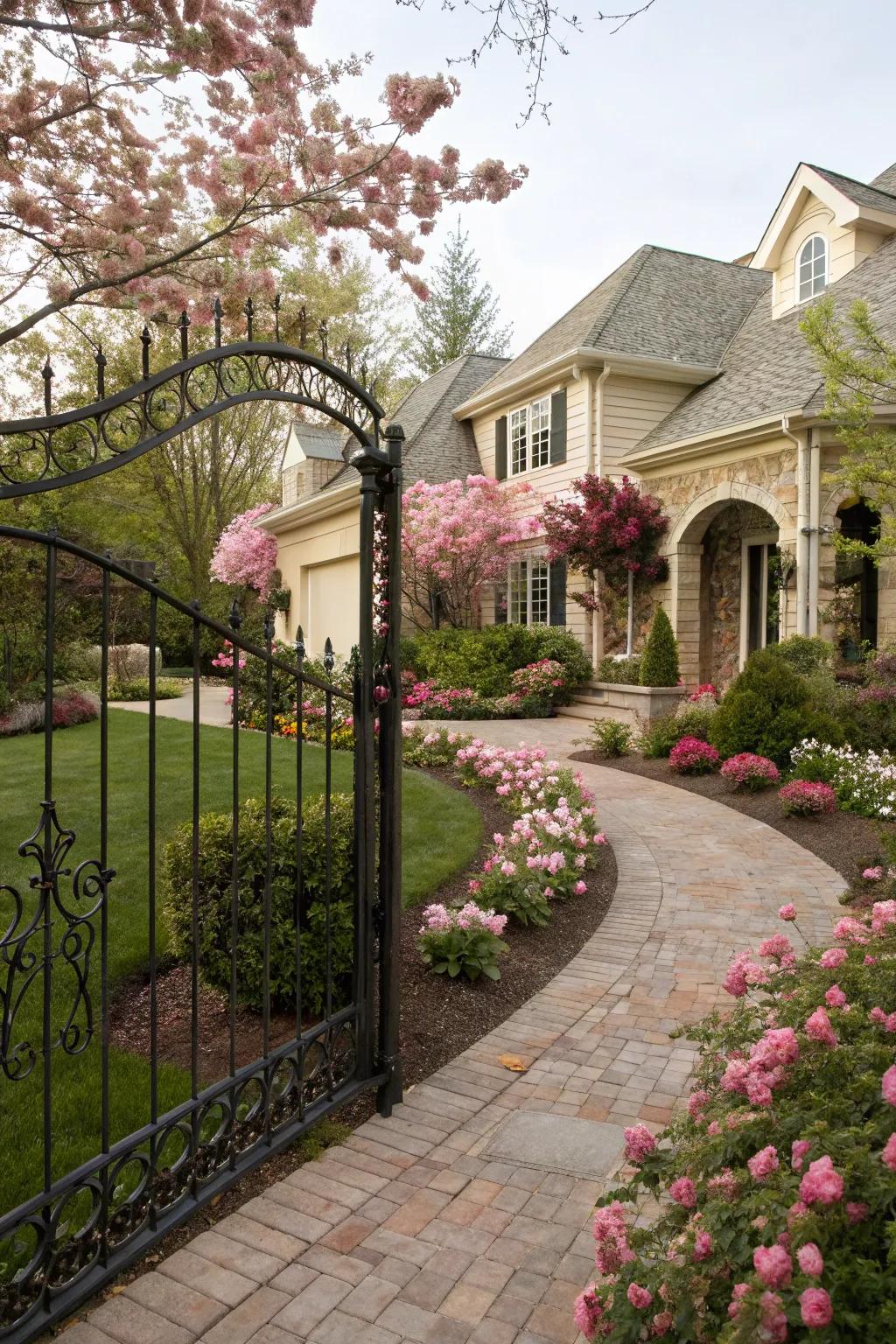 A curved decorative metal barrier adding sophistication to a front garden brimming with flowers.