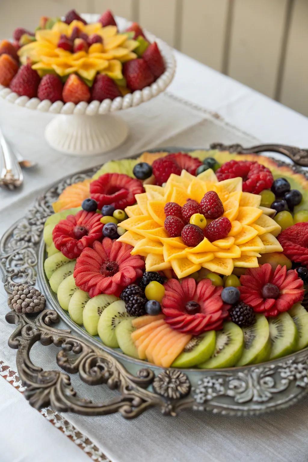 Flower arrangements with fruits produce a visually impressive focal point.
