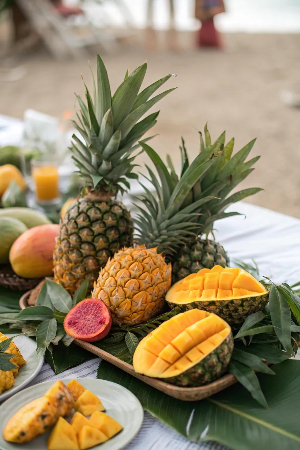 A tropical fruit table that offers a taste of summer paradise.