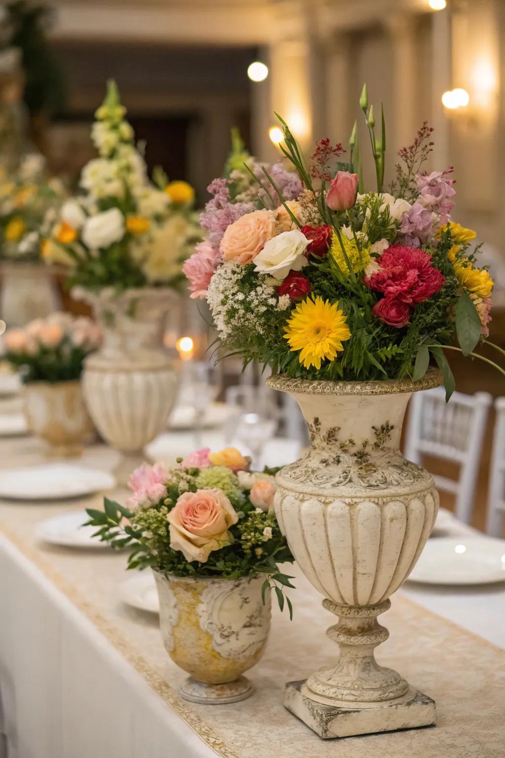 A selection of vintage vases filled with blooms offers a unique aesthetic.
