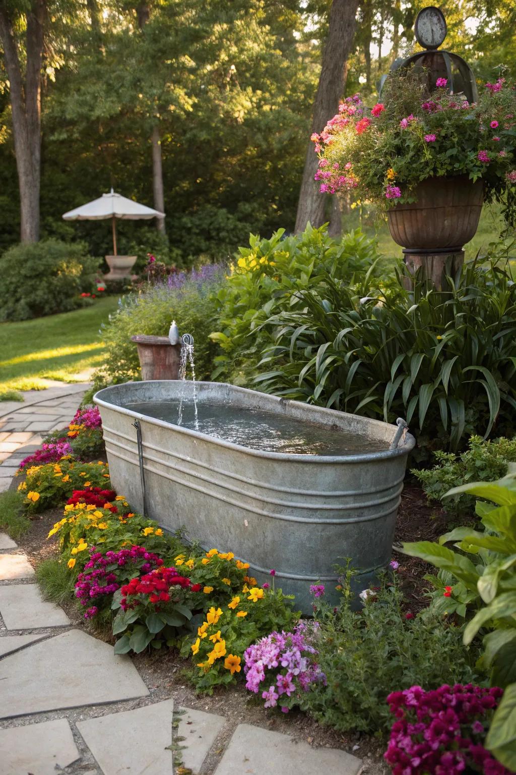 A metallic basin fountain serves as an eye-catching garden showpiece.