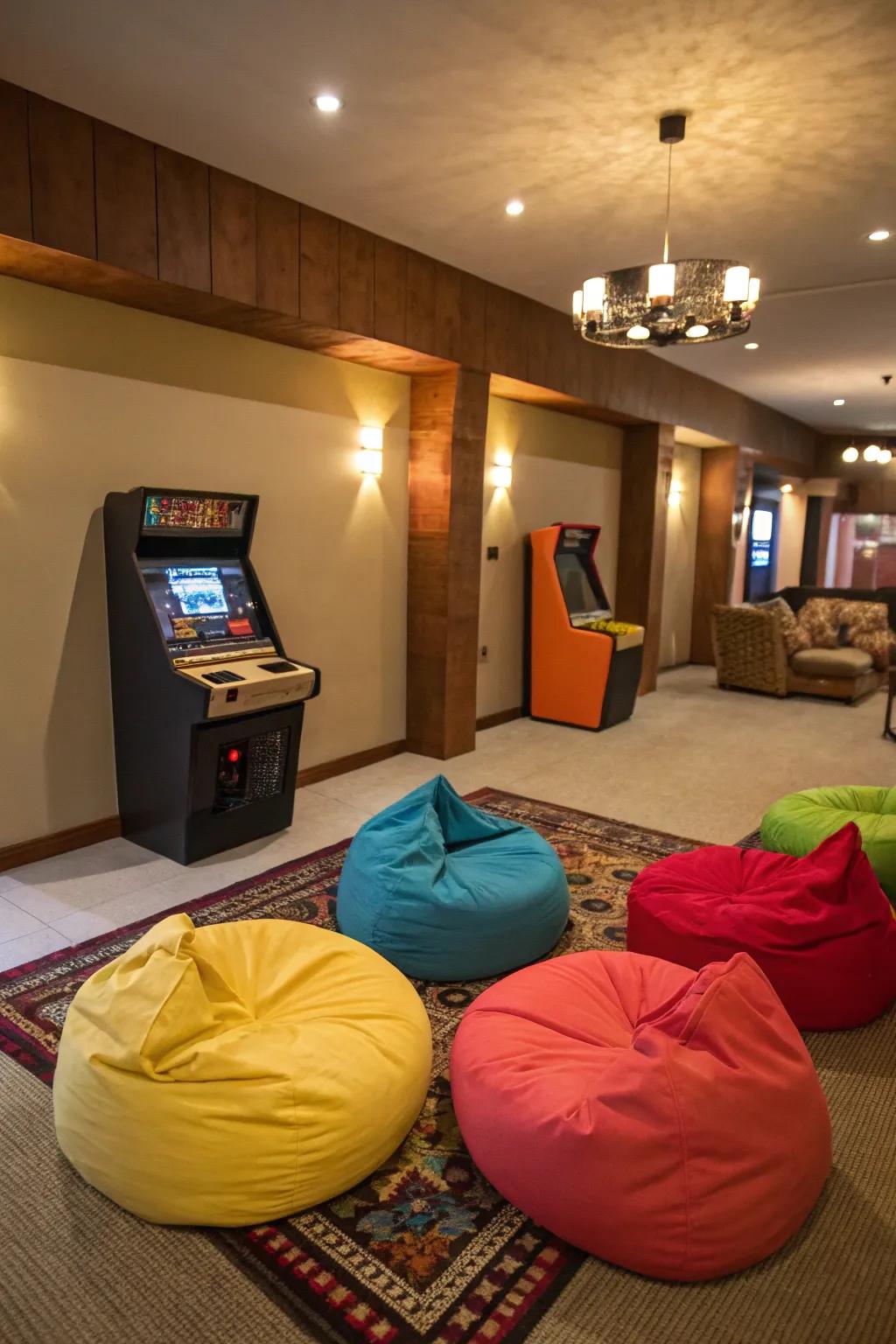Casual bean bags bring a playful touch to any game room.