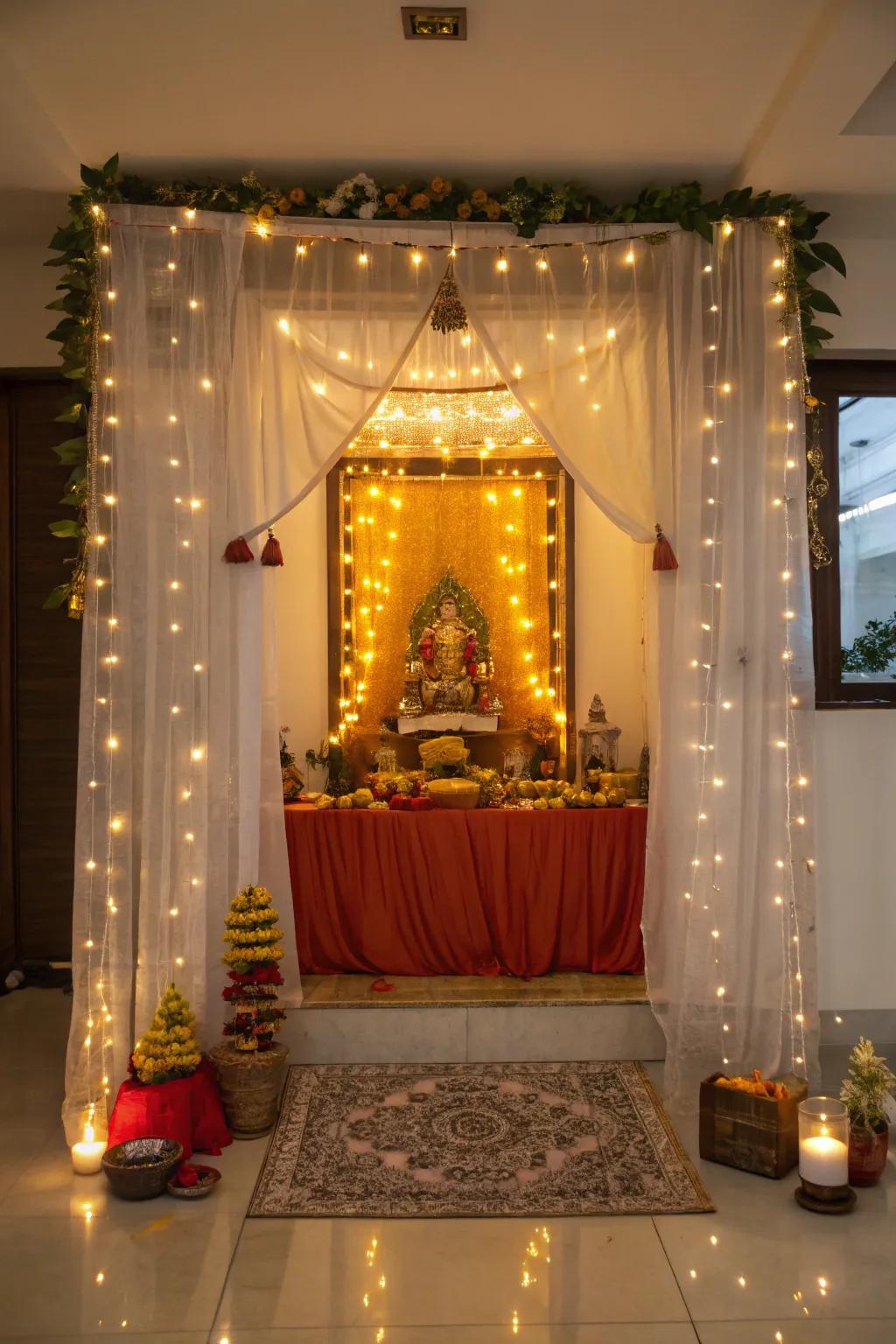 Delicate lights spreading an enchanting radiance over the Ganpati altar.