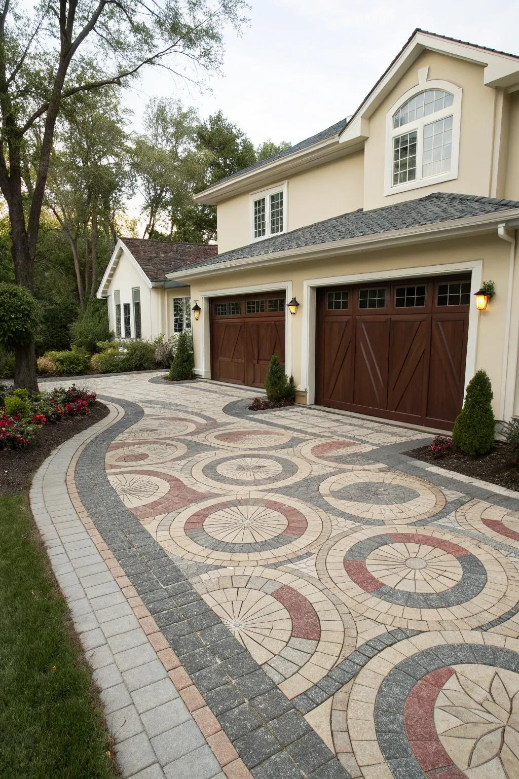 Patterned paving stones that infuse artistic charm into the driveway.