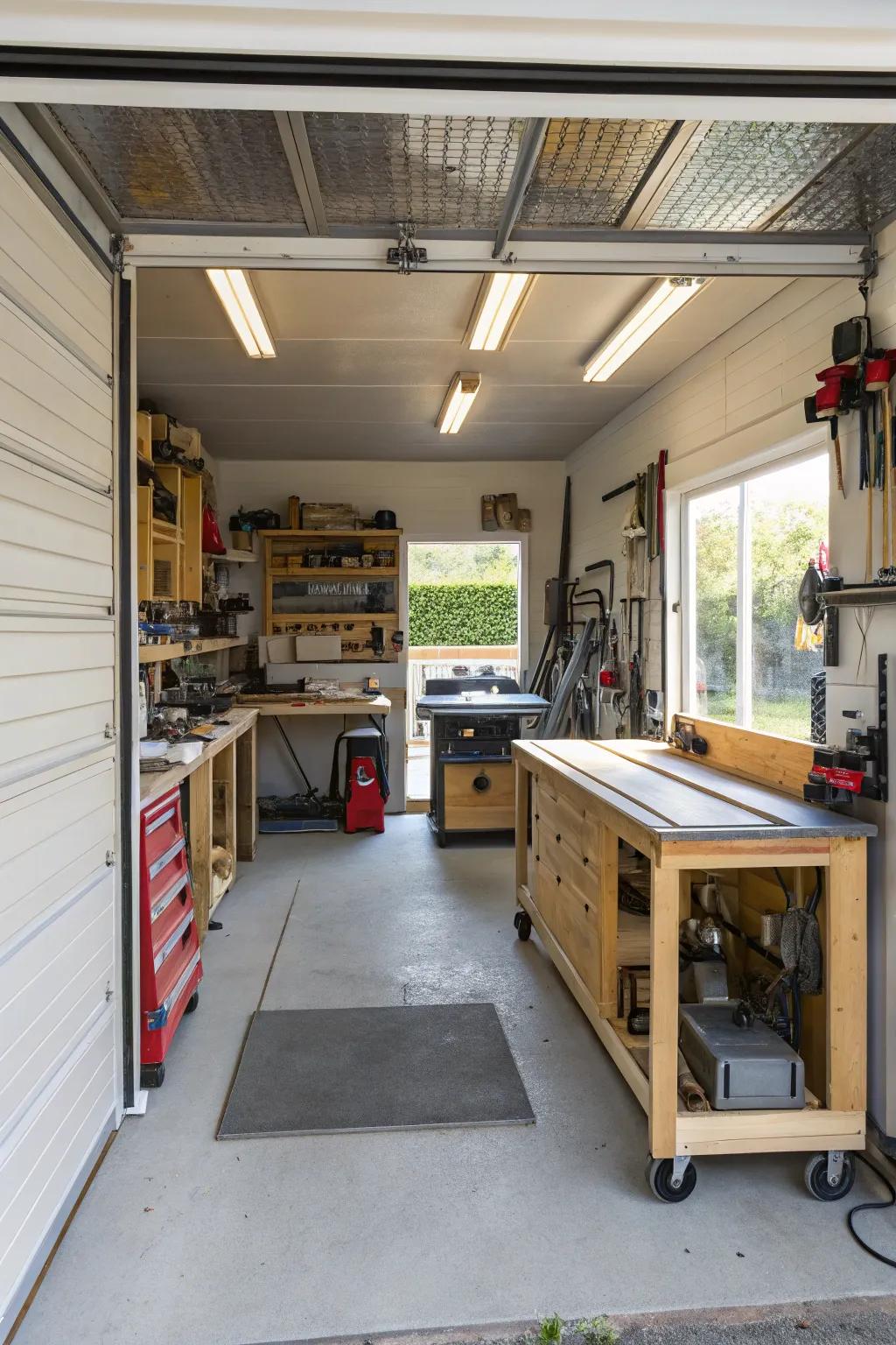 A cozy workshop nestled within a bump-out—perfect for DIY enthusiasts.