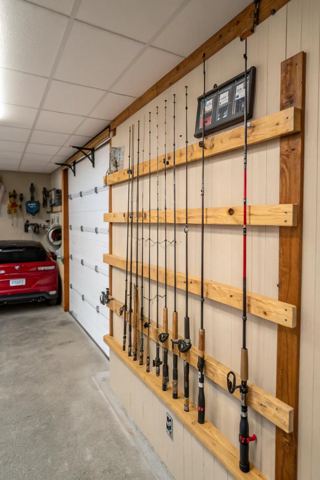 Wall-affixed pole holders offer a stylish and space-saving option for fishing pole storage.