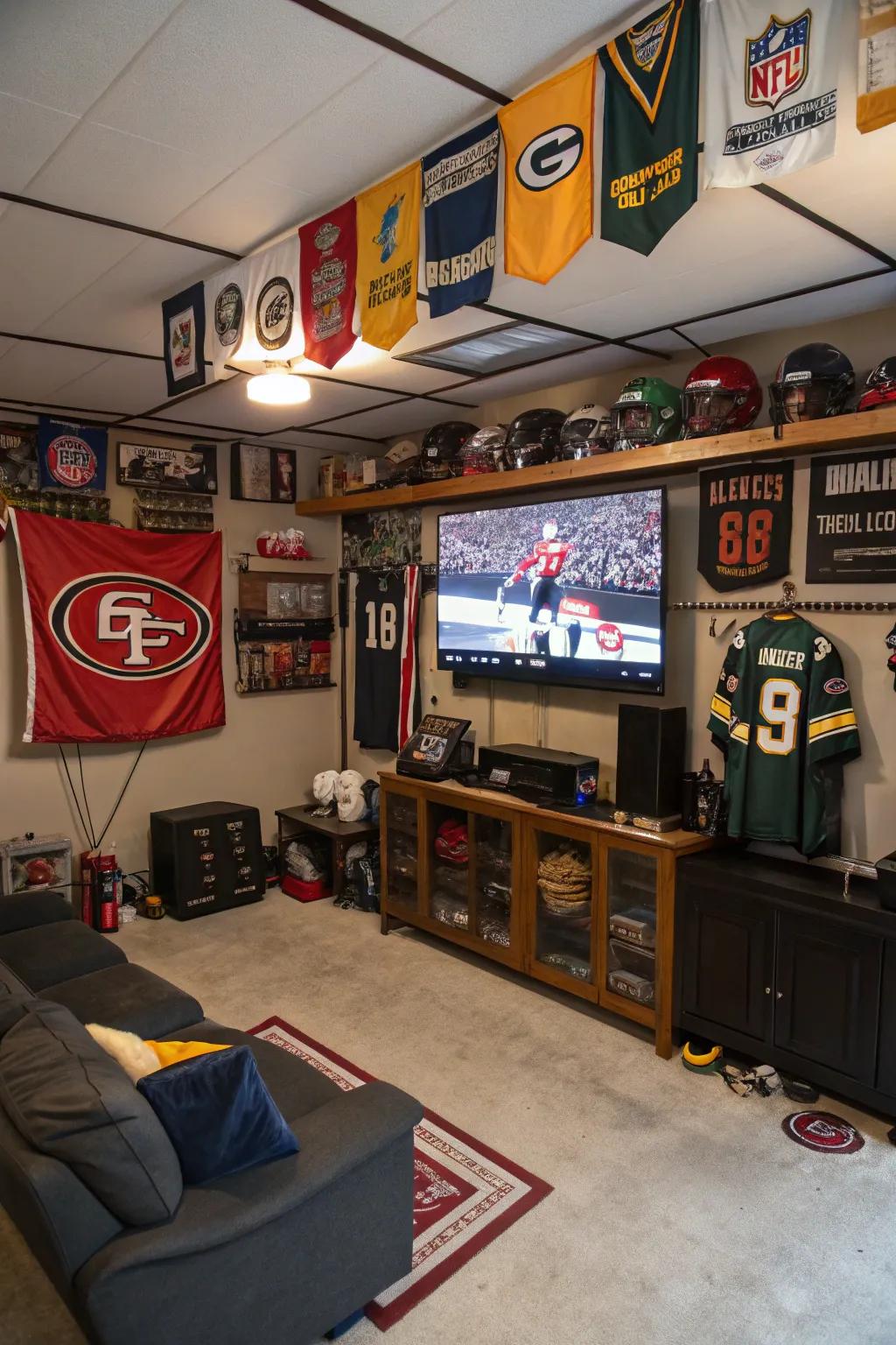 A sports enthusiast's ideal configuration within a garage man cave.