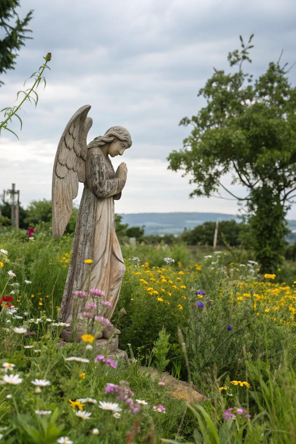 Earthy wooden angel nestled amongst wildflowers.