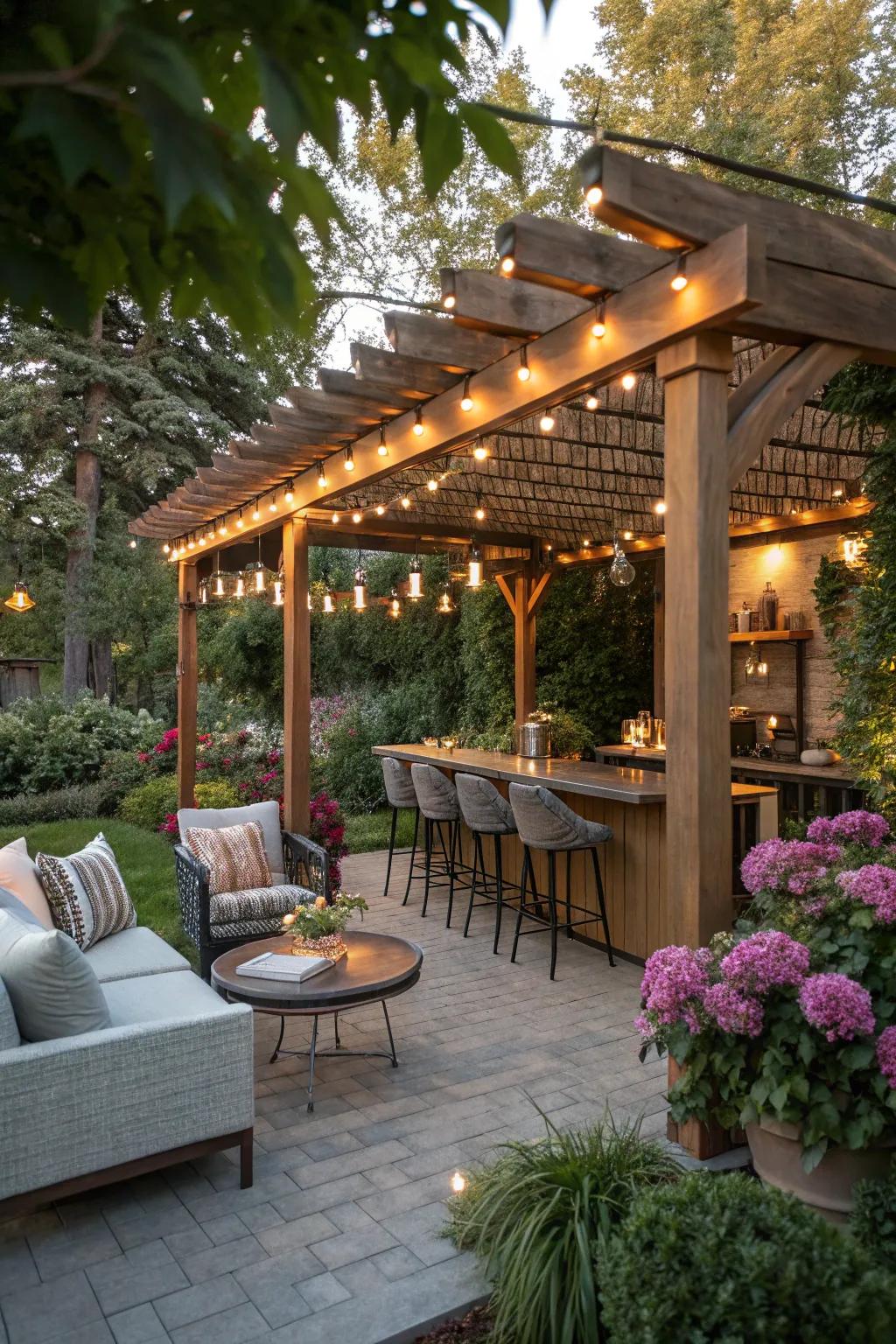 A charming garden bar shaded by a pergola.