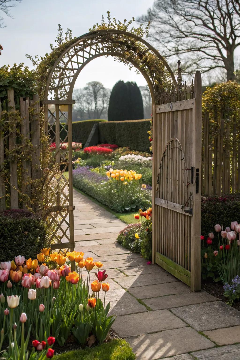 Arch-topped garden door crafts a scenic portal to your outdoor area.