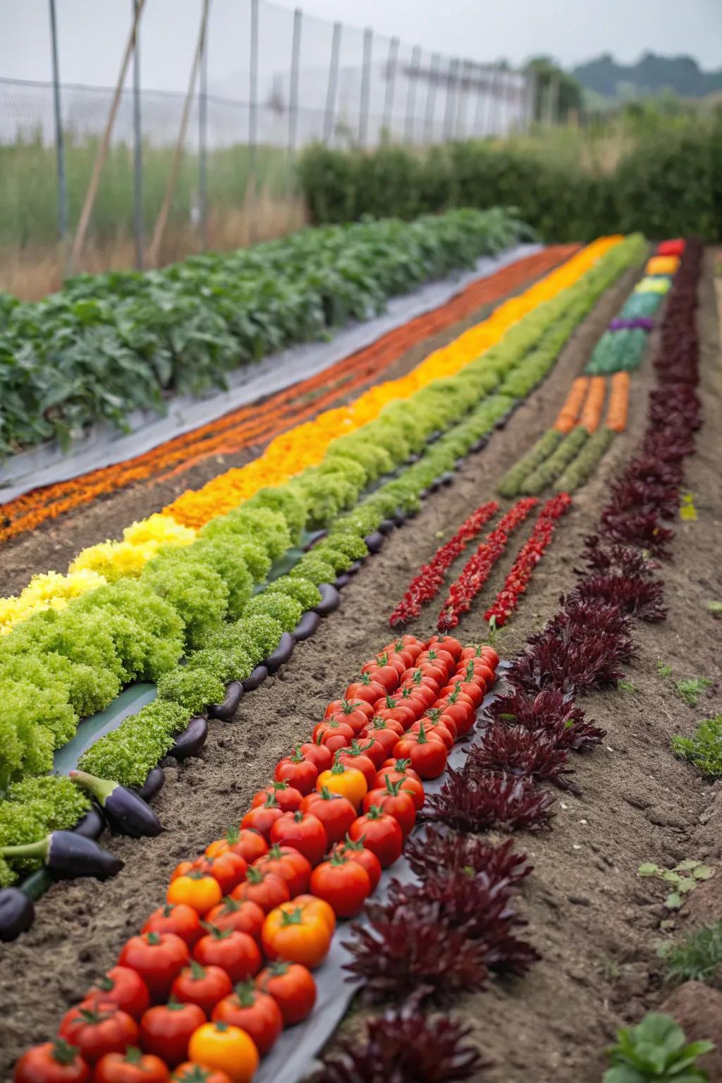 A garden area featuring vegetables arranged in a stunning color sequence.