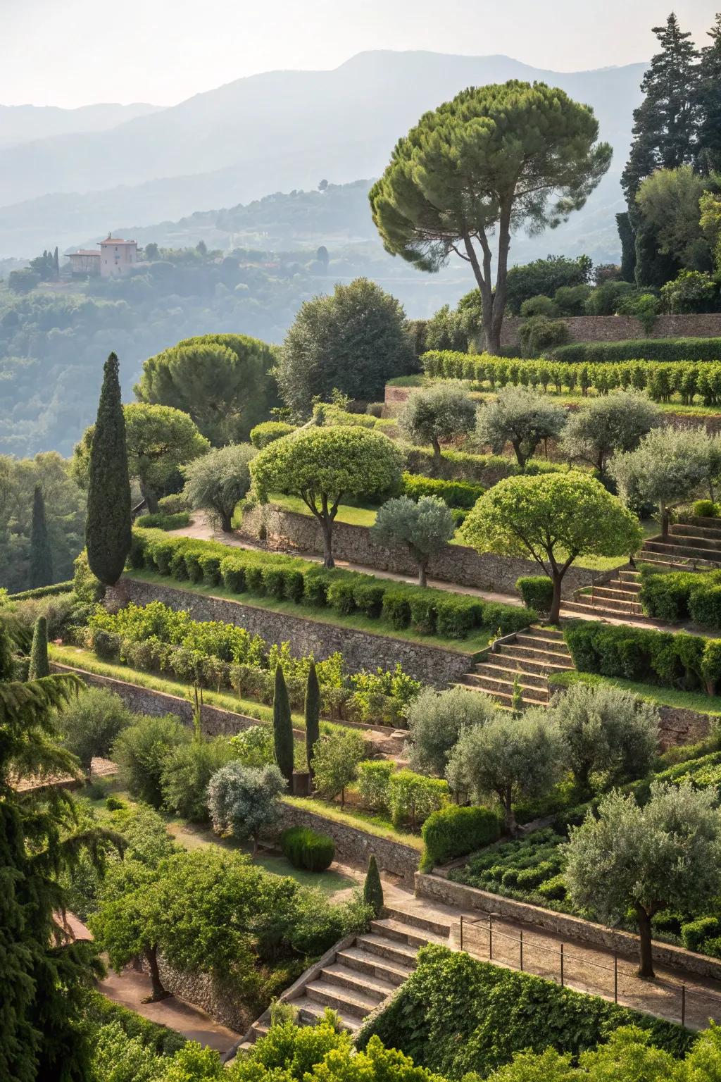 Terraced garden beds use trees as focal points.