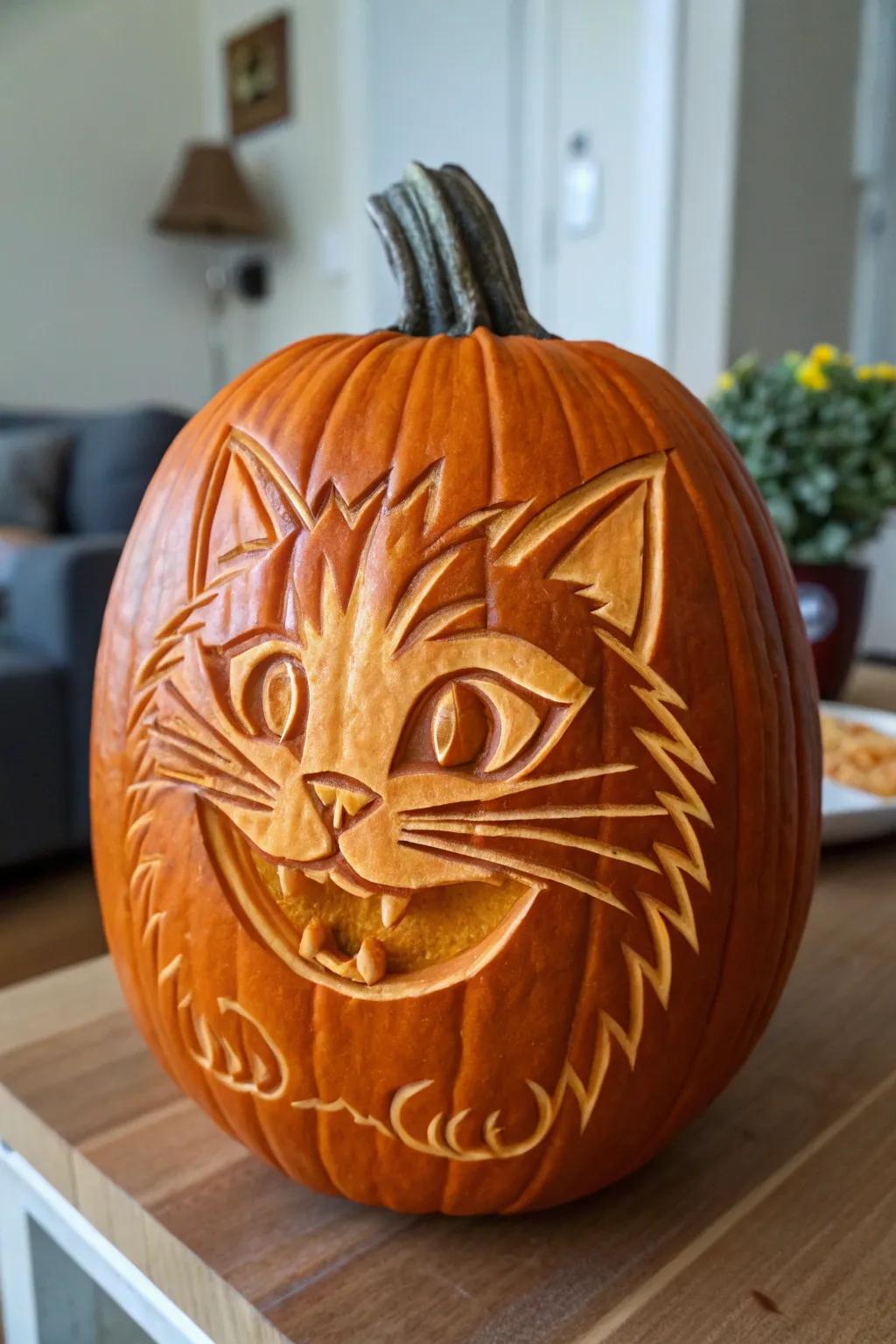 A charming feline engraved into a pumpkin, contributing a playful aspect to Halloween decorations.