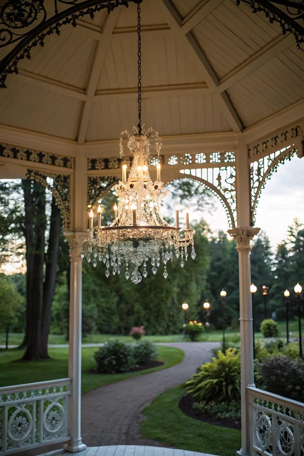 A chandelier working as the refined central point in a gazebo.