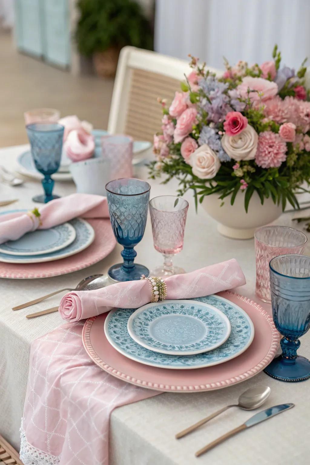 A beautifully curated tablescape subtly suggesting the gender reveal theme.