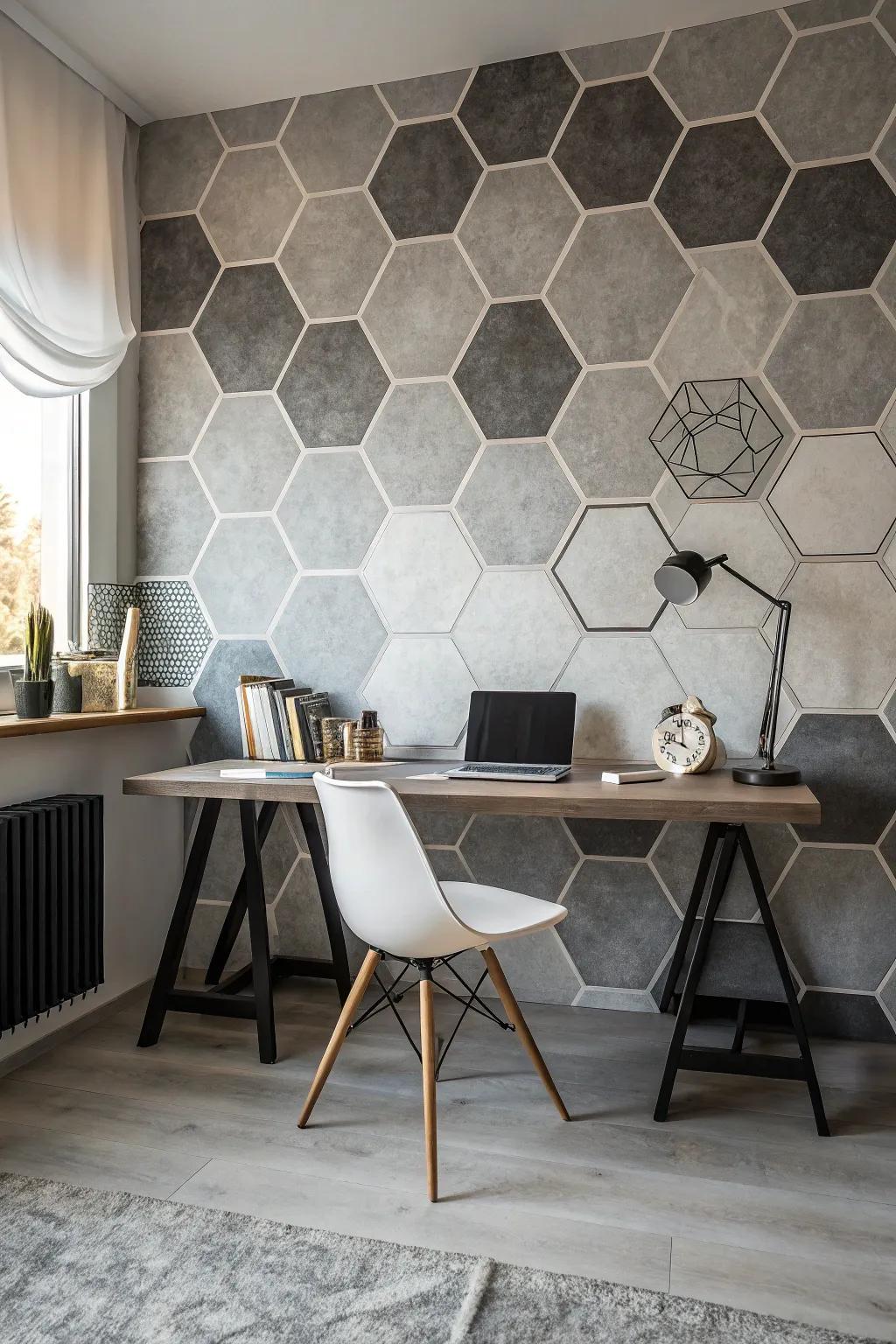 A workspace enhanced with a stylish hexagon geometric wall pattern.
