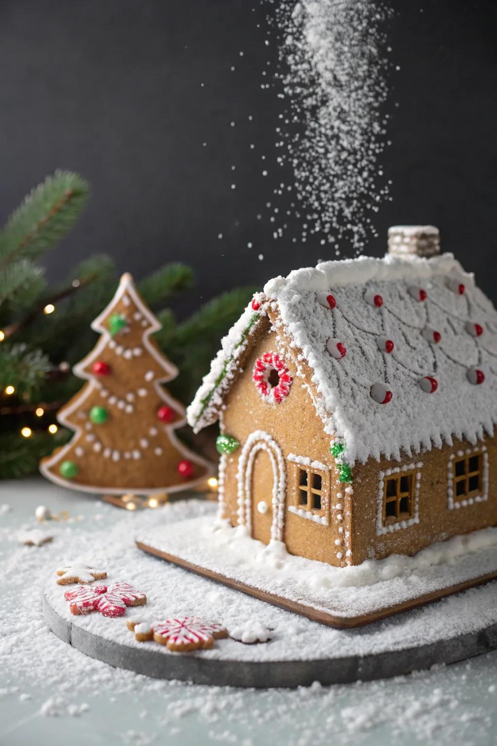 A winter wonderland gingerbread cabin using snow-like confectioners' sugar.