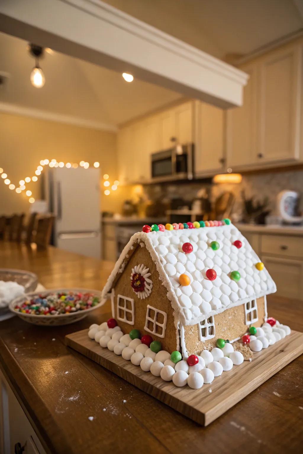 A gingerbread rooftop blanketed in a snowfall of fluffy treats.
