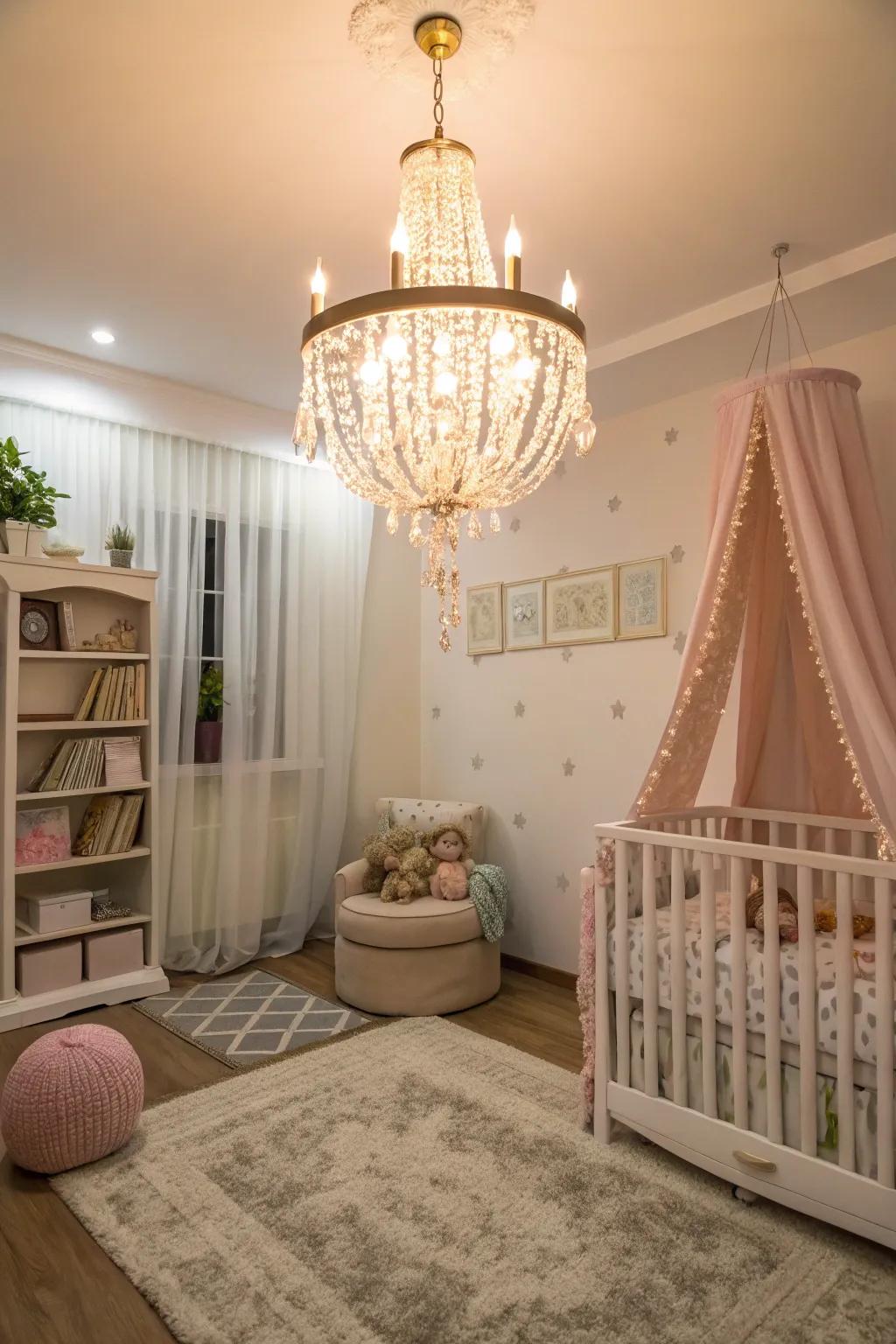 A chandelier casts a warm and graceful glow in the nursery.