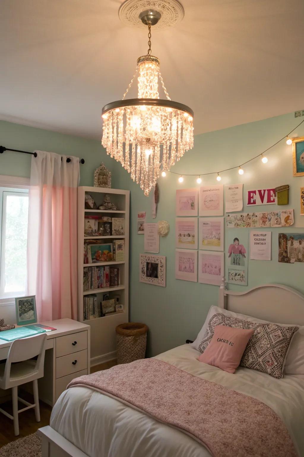 A chandelier brings a hint of sophistication to the bedroom.