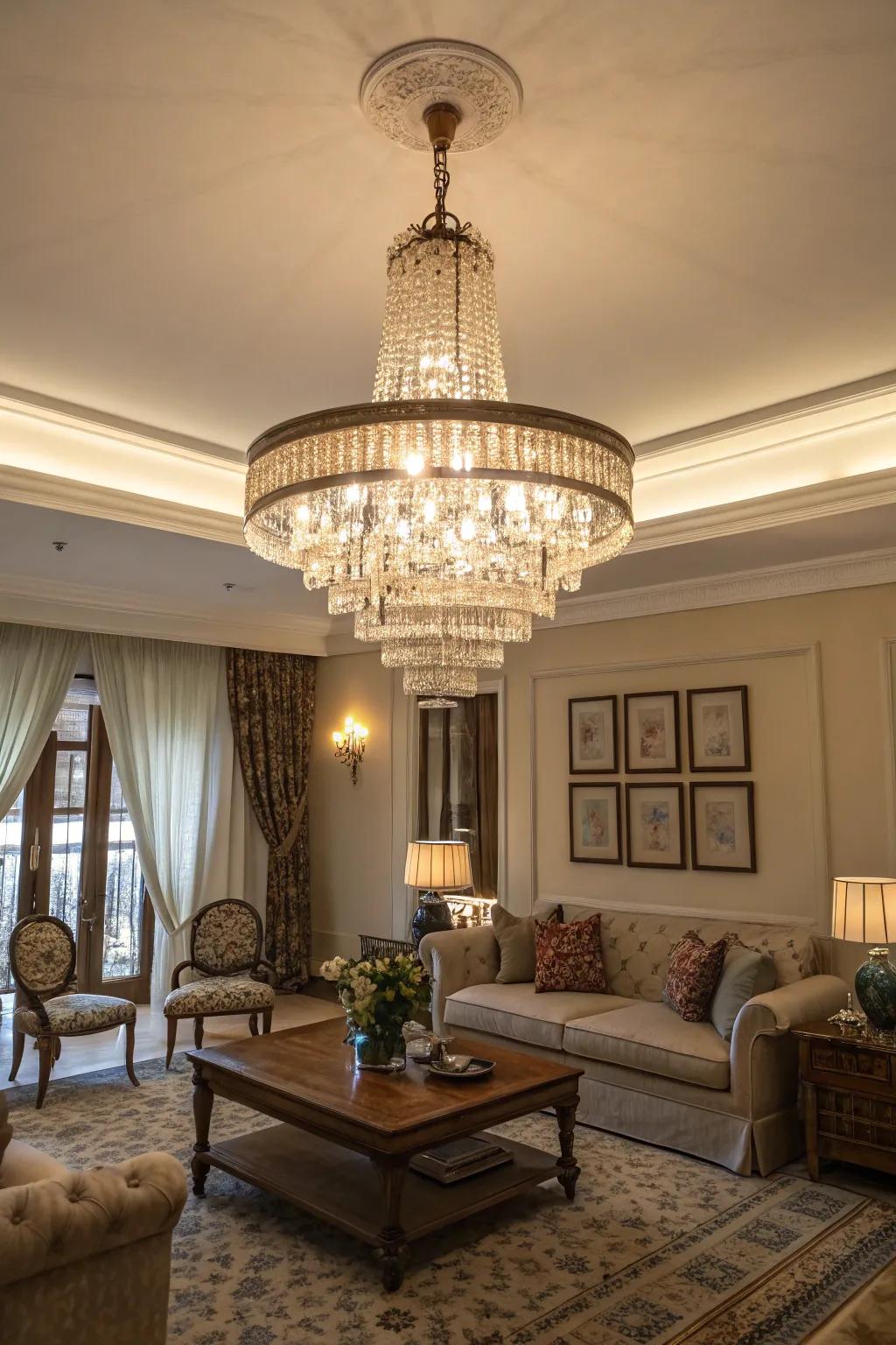 A radiant chandelier introduces drama and sophistication to a glam living room.