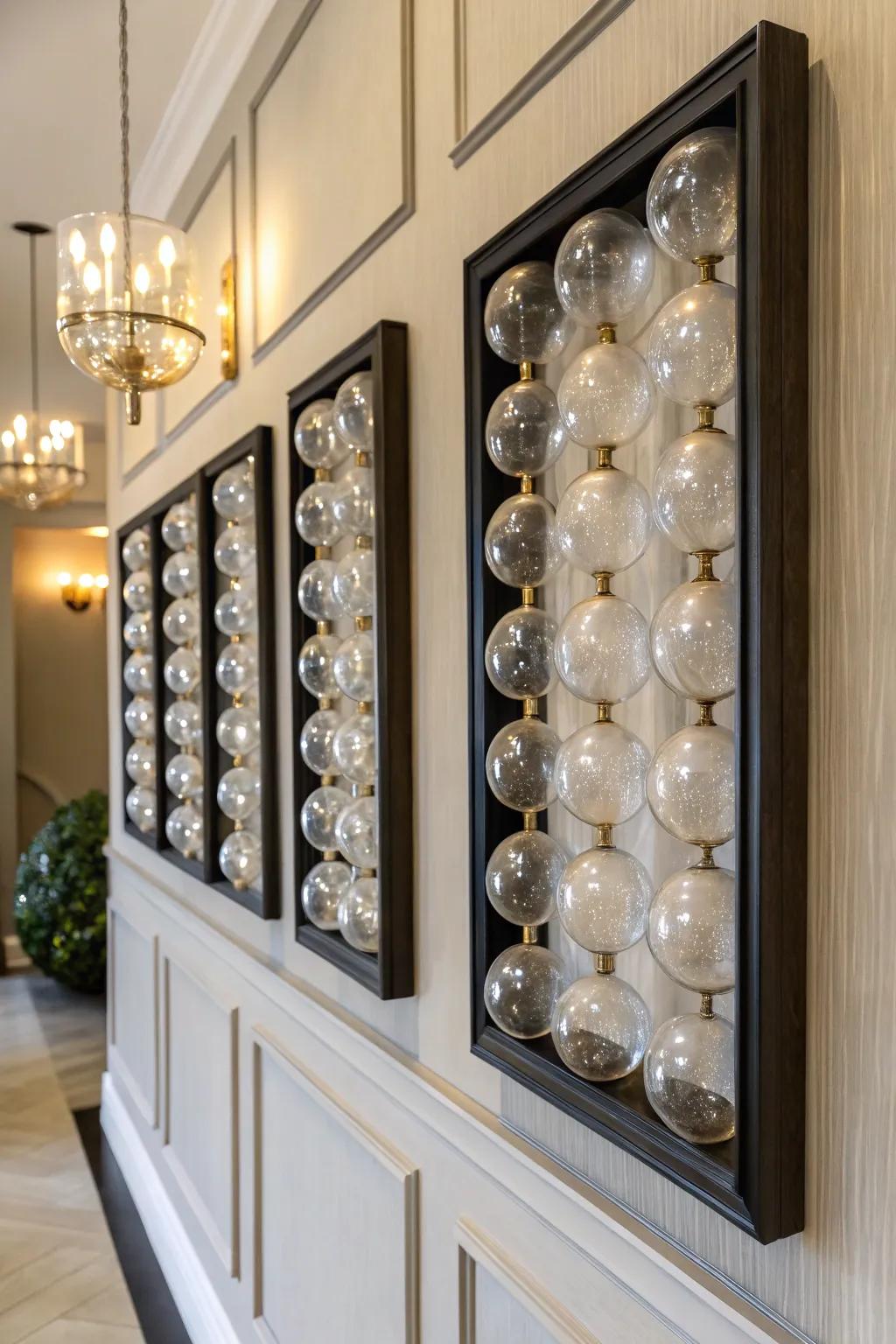 Framed glass spheres create a floating art appeal.