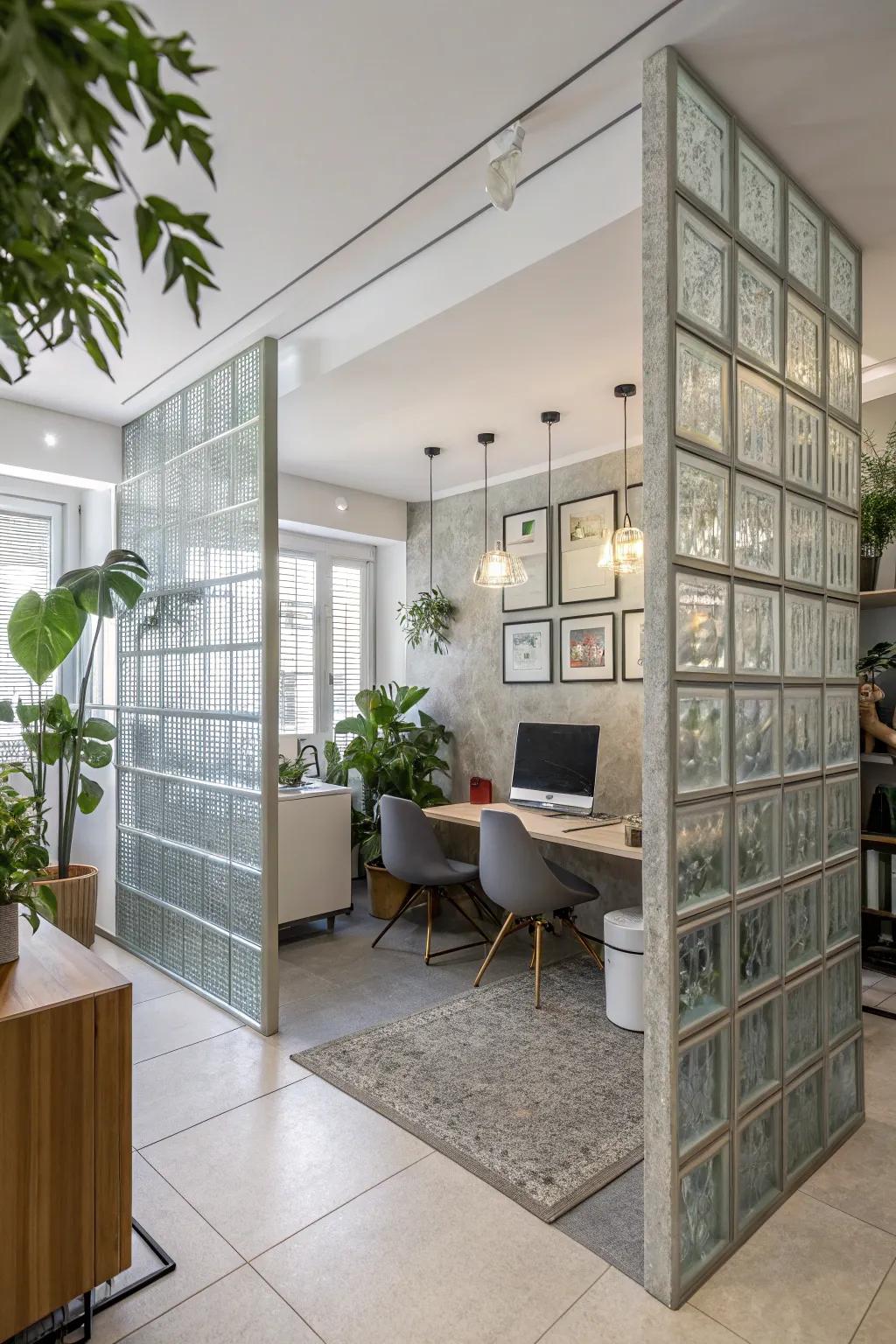 A modern home office that features crystal cube wall dividers, mixing style and use.