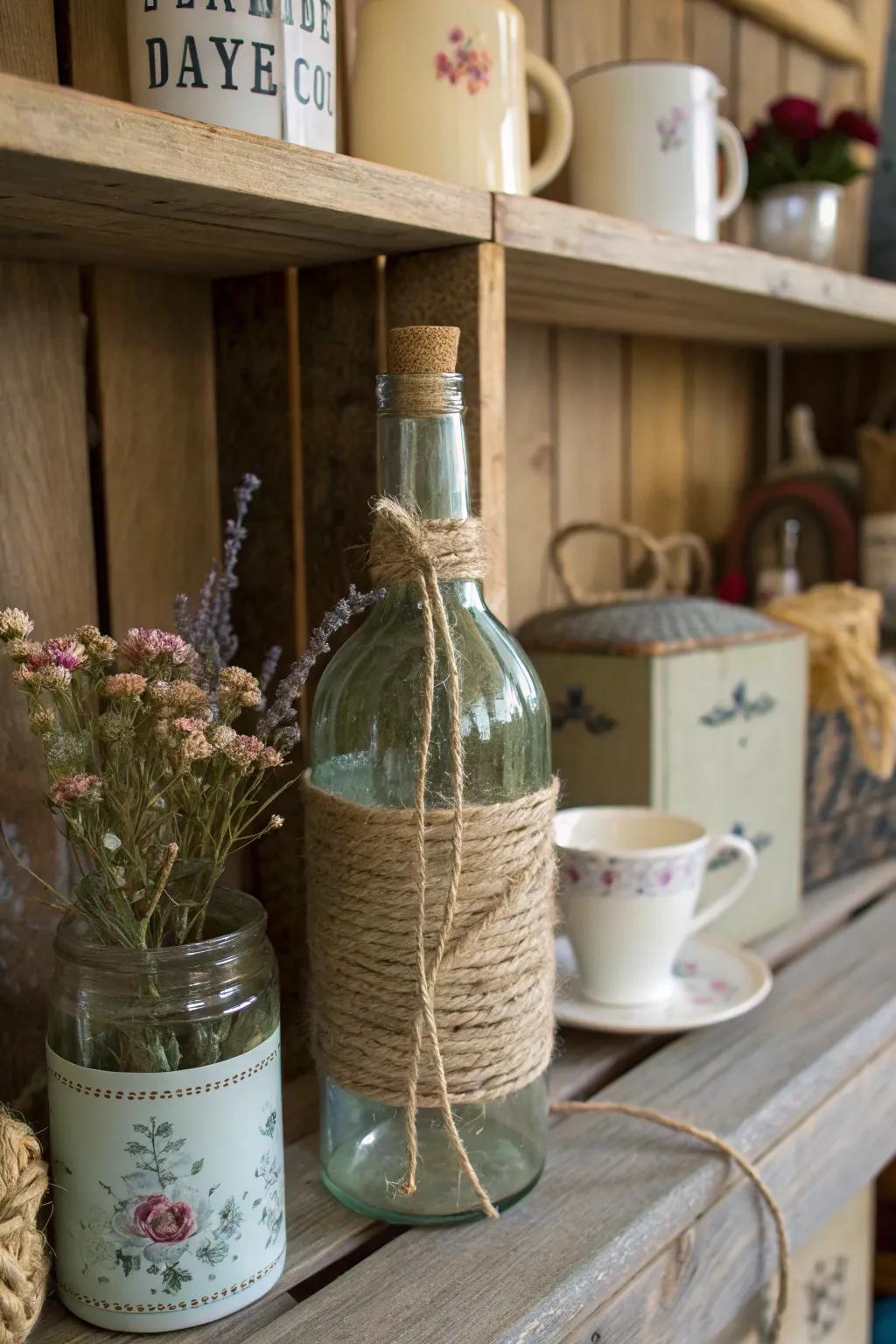 A twine-covered bottle radiating rustic appeal.