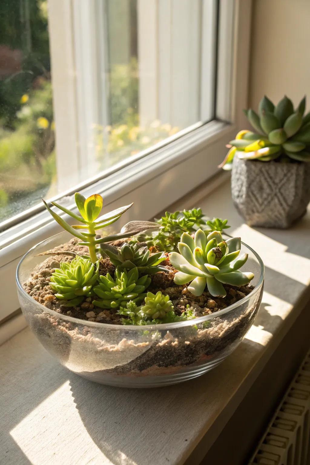 Small succulents in a glass bowl provide a dash of greenery.