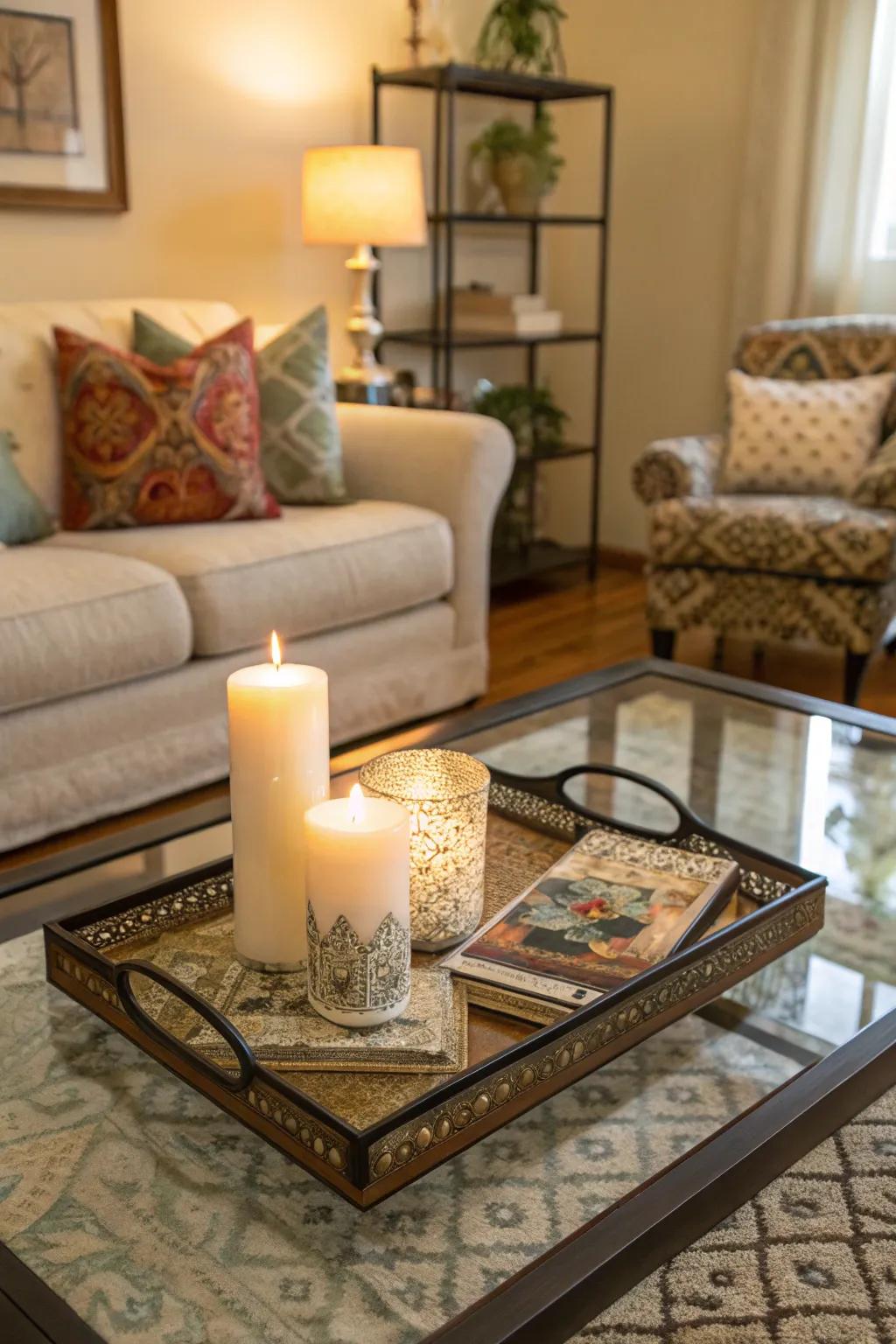 A serving board offers both refinement and structure to a see-through coffee table.