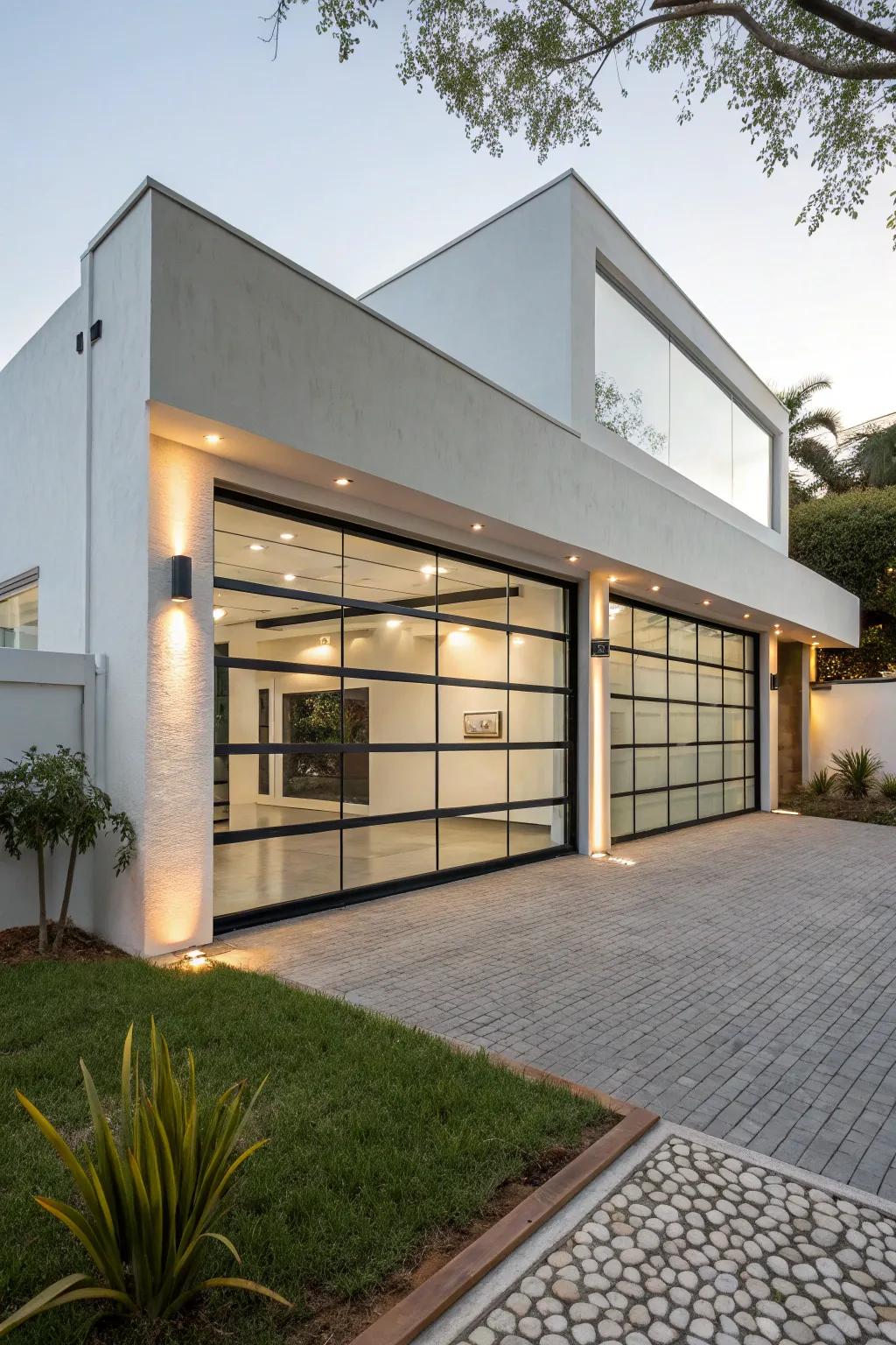 The exterior of a modern home featuring a stylish glass garage door.