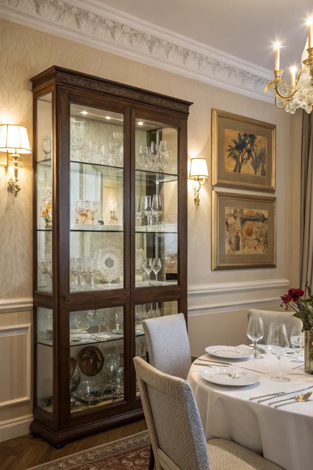 An elegant glass-door display presenting beautiful glassware.