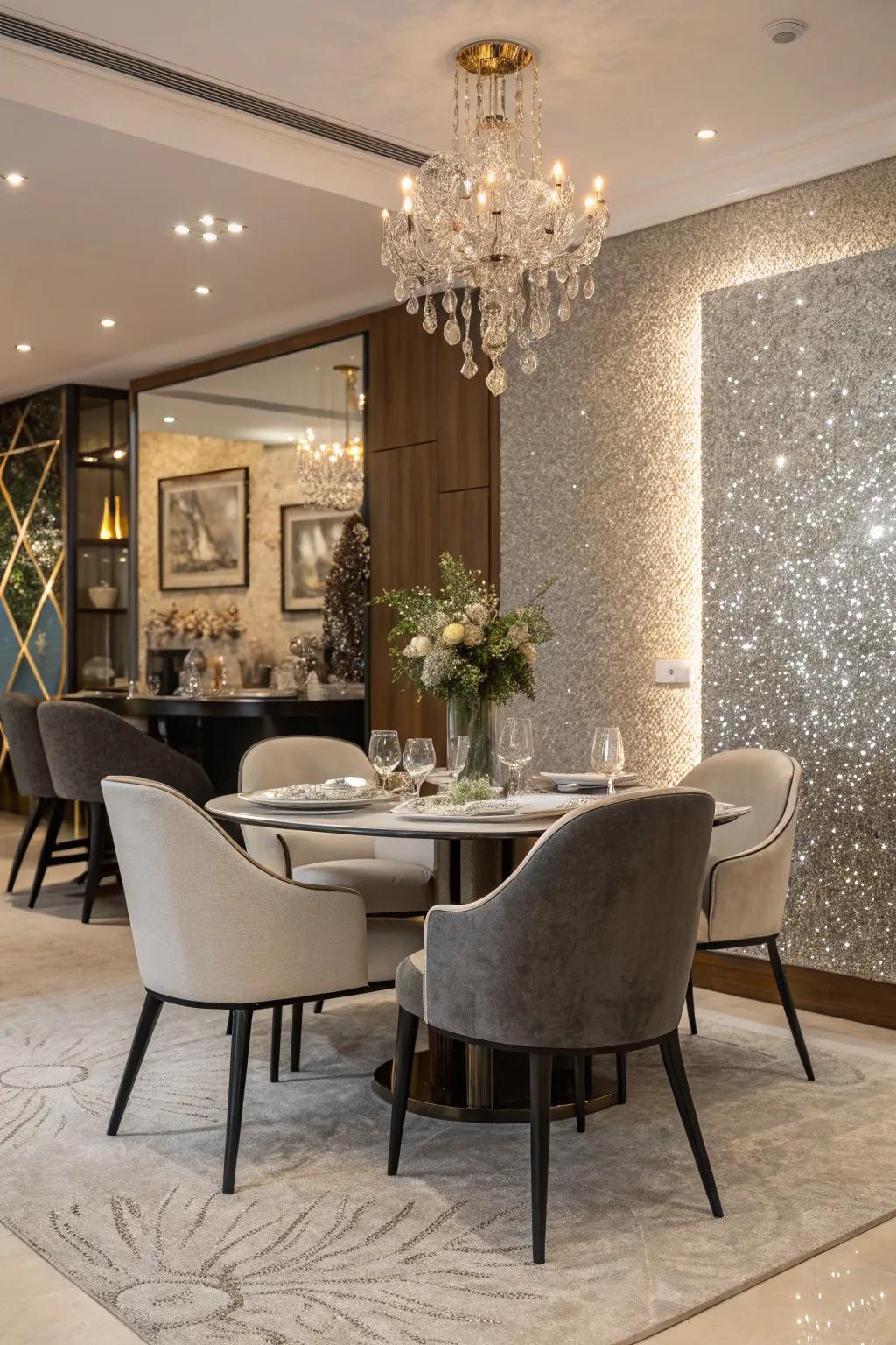 A shimmer accent wall infuses drama into a dining space.