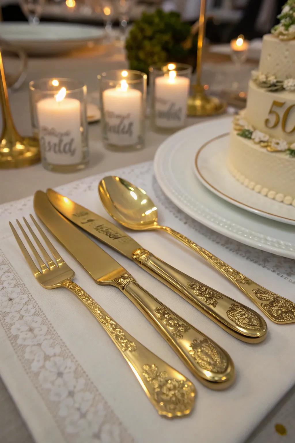 Customized gilded silverware introduces a thoughtful aspect to the festivity.