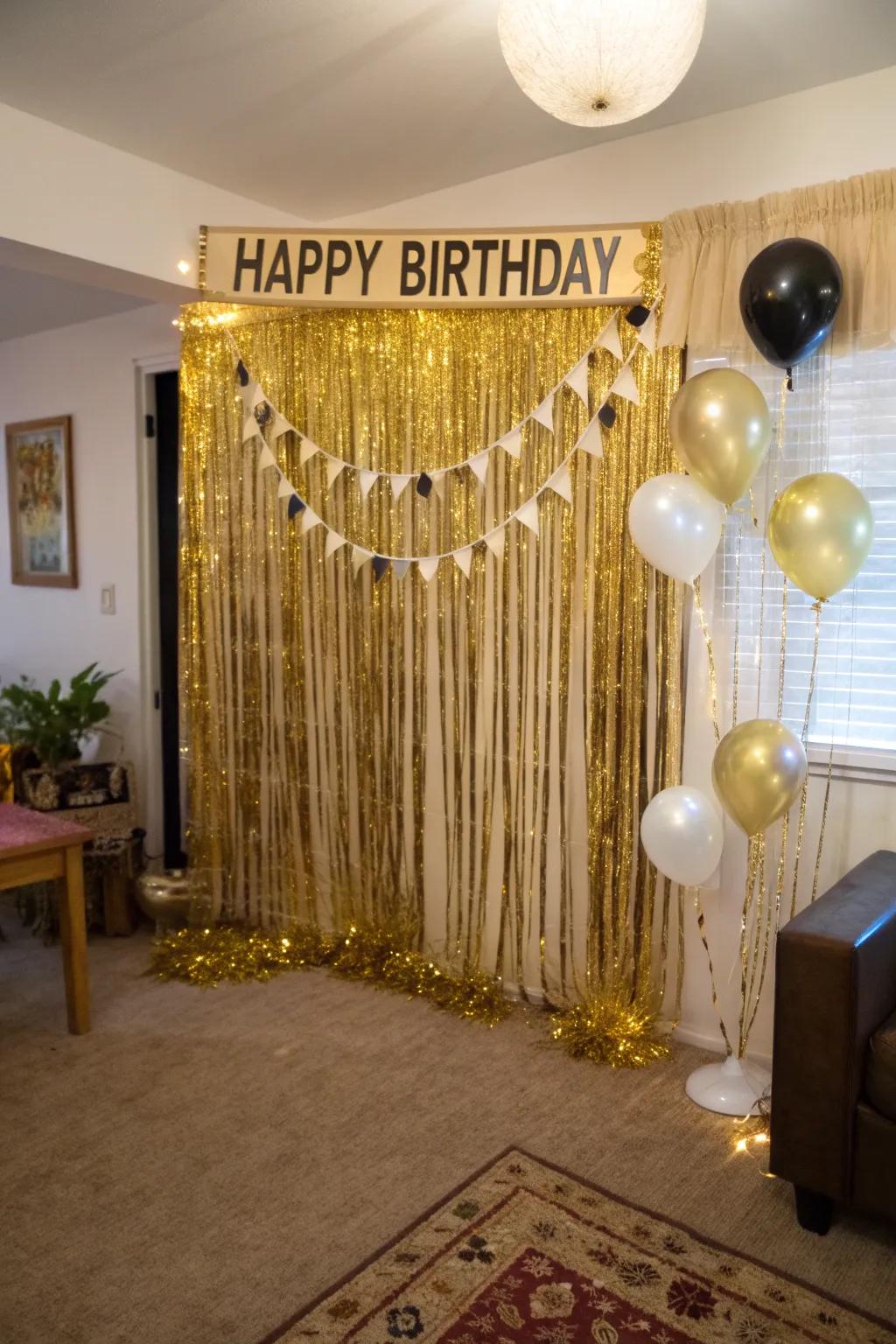 A gold streamer backdrop is perfect for capturing memorable birthday moments.
