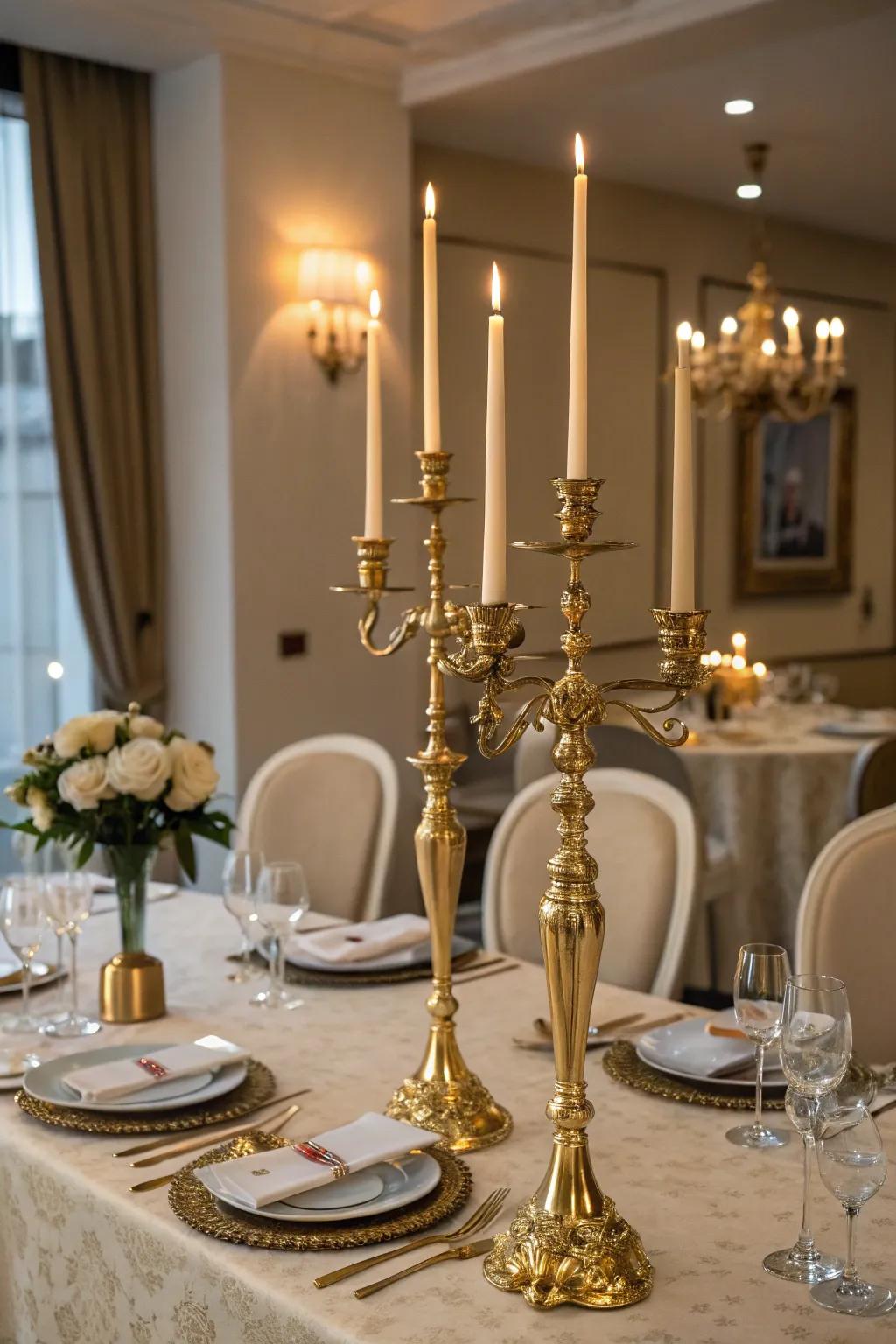 Alluring gold candle holders crafting a heartfelt atmosphere.